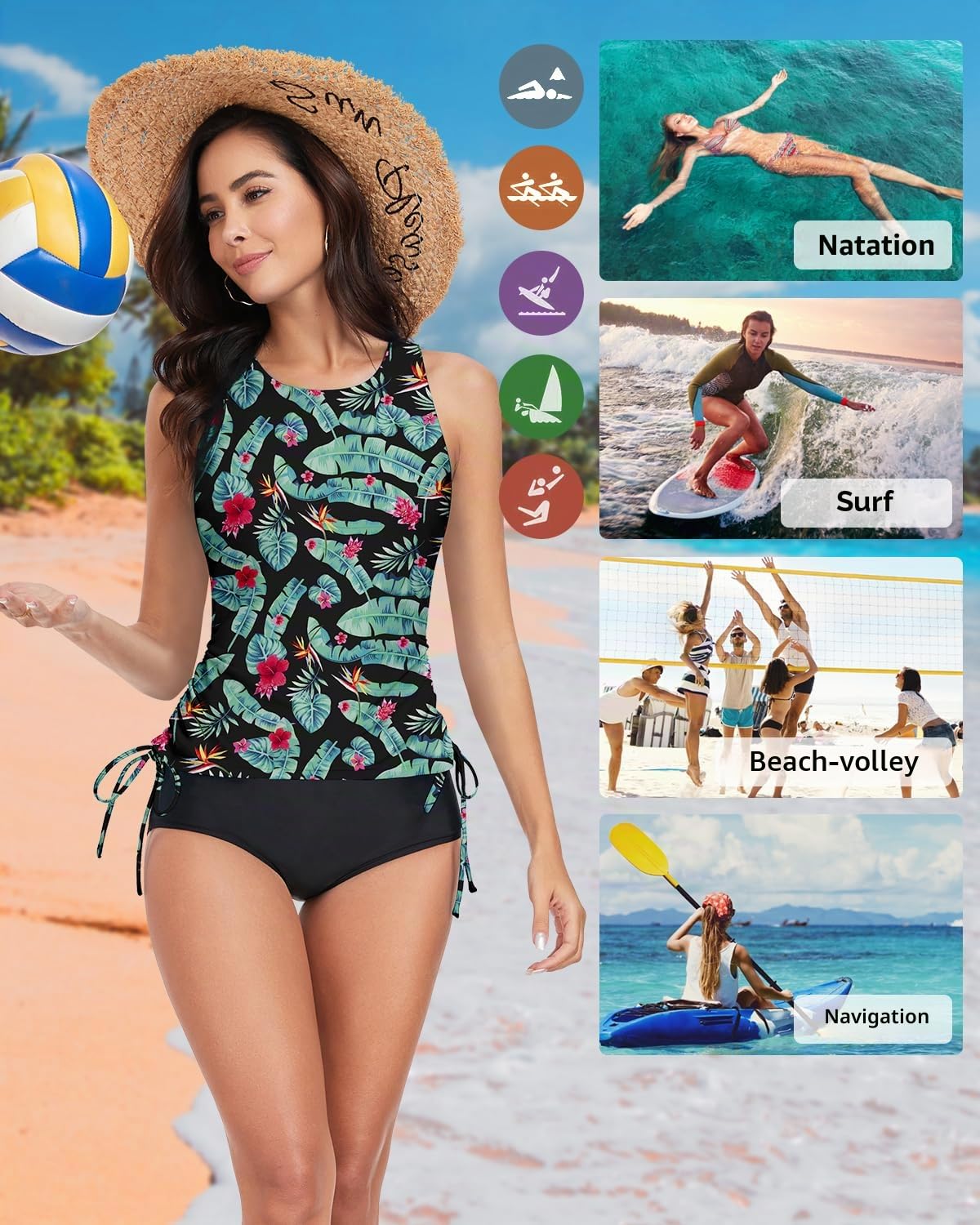 WOWENY Maillot de Bain Tankini pour Femme - Haut de Bikini - Dos croisé - Séchage Rapide - Rembourré