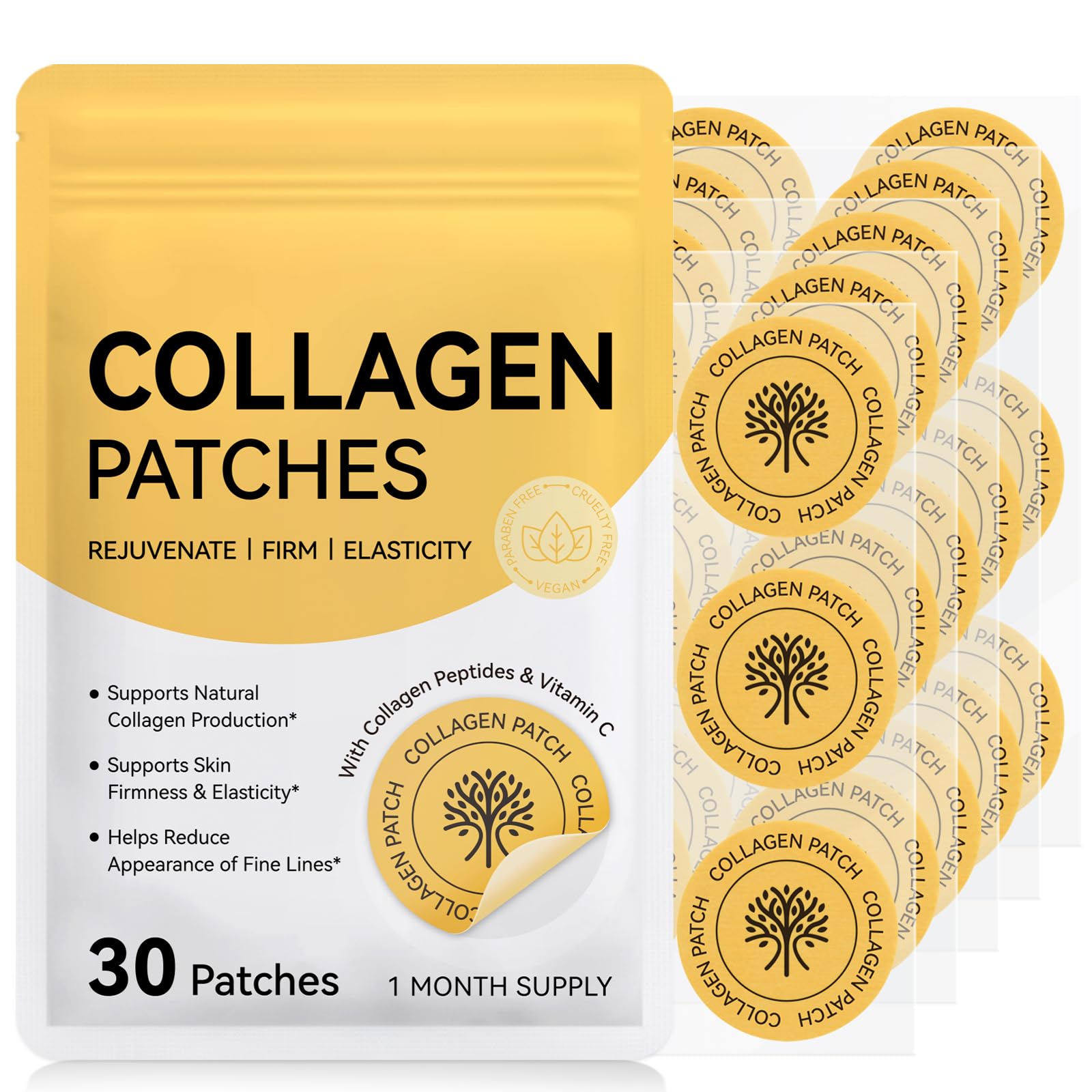 Collagen Patches Kinde Patch - 30 Count Firming Anti-Aging Support with Collagen Peptides Vitamin C Vegan Cruelty-Free Hydrating