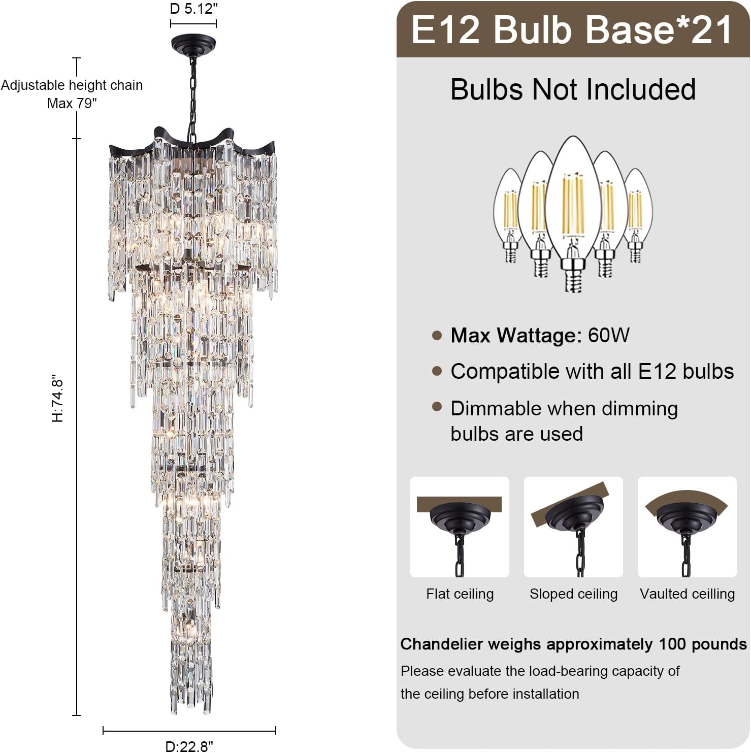79" Long Crystal Chandelier for High Ceilings, 21-Light Modern Large Foyer Chandelier for Staircase Entryway Living Room, Luxury K9 Crystal Tiered Ceiling Light Fixture Black
