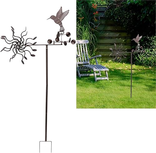 Miniatura 2 de Haofy Molinillo de viento para exteriores, estacas de metal para patio, molino de viento de metal, colibrí, escultura de viento para césped al aire