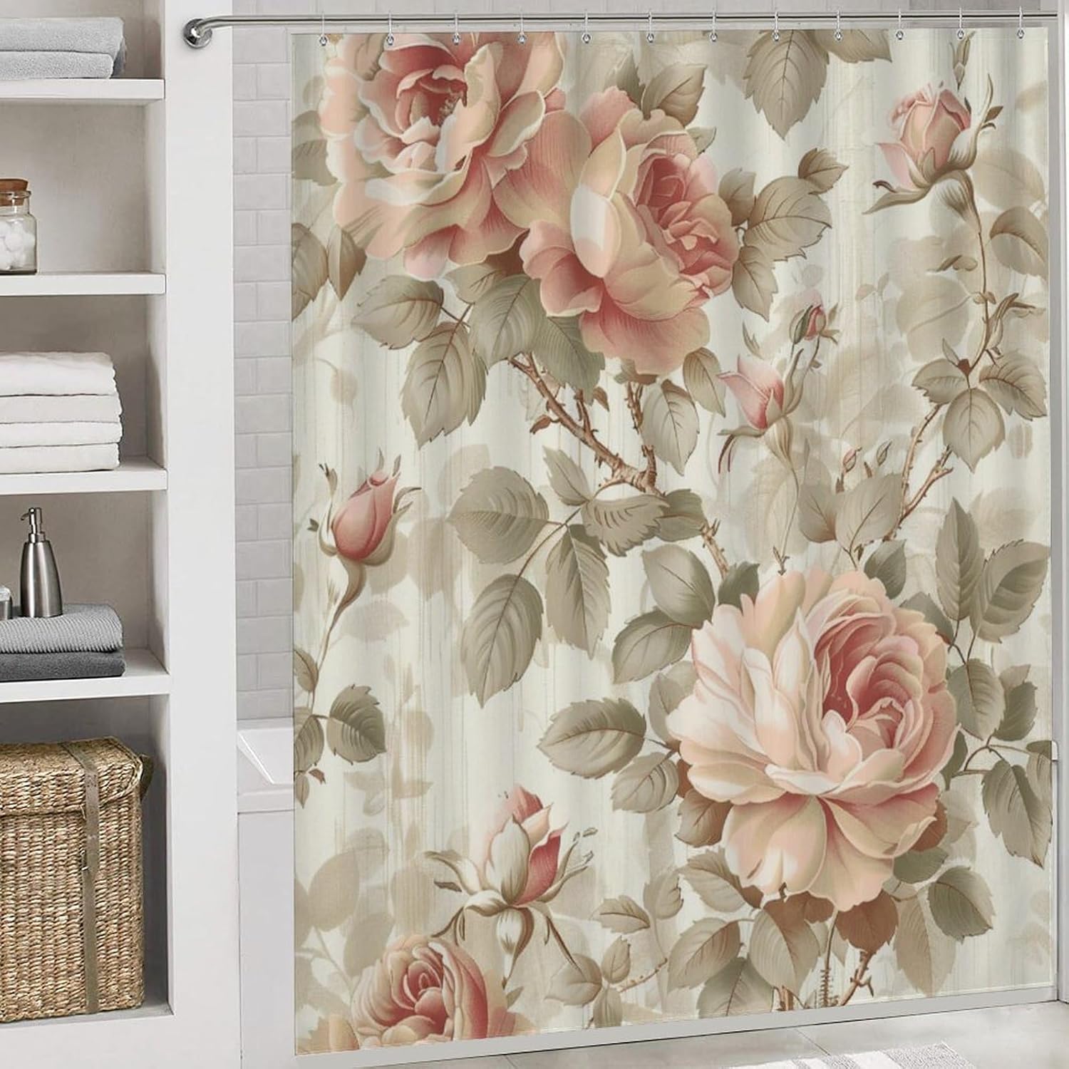 4Pcs Rustic Flower Garden Shower Curtain Sets, Bathroom Decor Set with Rugs, Bath Mat Floral Rose Plant Shower Curtain, 72 X 72 Inch