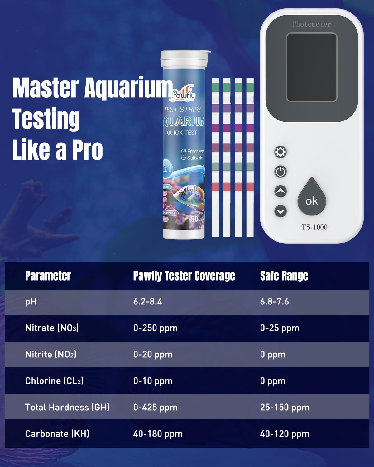 Pawfly 6 in 1 Digital Water Testing Kit, 50 Strips Fresh/Salt Aquarium Water Test Kit, Fish Tank Water Testing Kit, Digital Water Tester for pH, Nitrate, Nitrite, Chlorine, Total Hardness & Carbonate - image 4