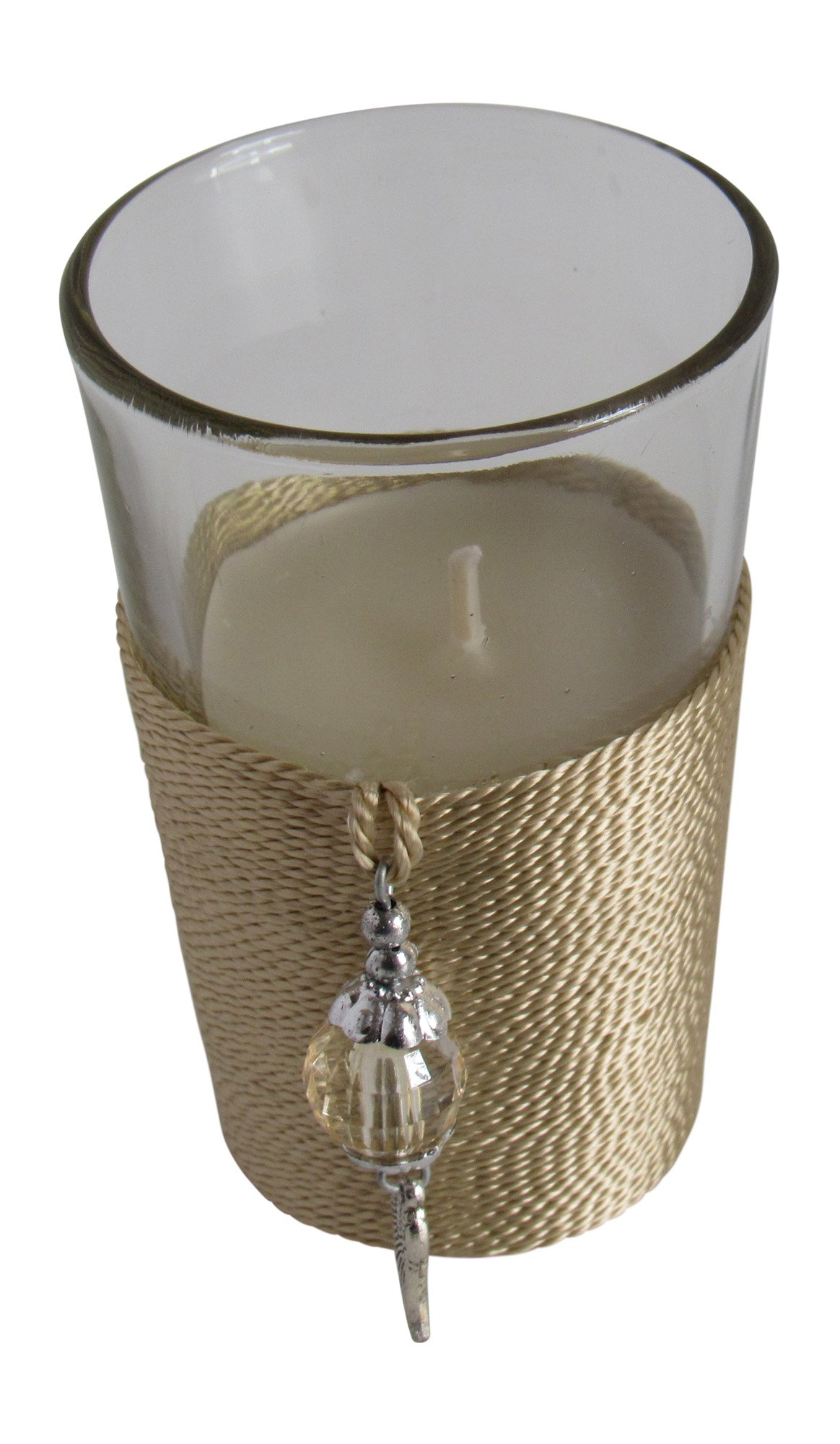 Enchanting Jasmine Scented 6oz Votive Non-GMO Candle and Handmade Moroccan Threaded Glass Display Enclosure with Gold Tasseled Wrap, Fill Your Home with Fresh Jasmine Blossoms