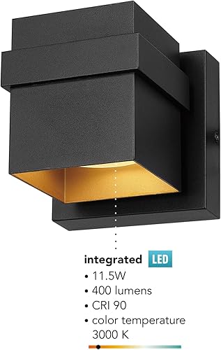 Miniatura 5 de Aplique de pared Globe Electric 60000022 para exterior con LED integrado de 11,5 W, negro mate, acento dorado, 400 lúmenes, 3000 Kelvin, 90 CRI,