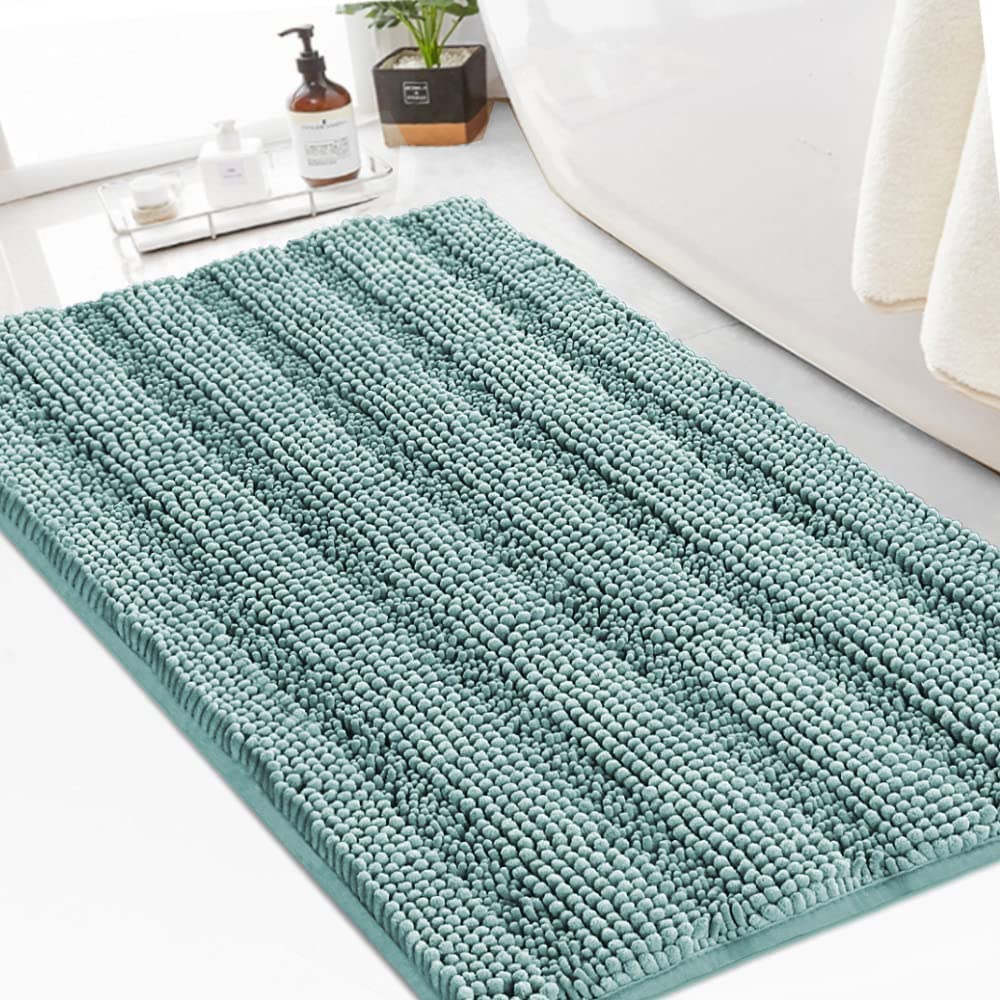 Turquoize Bath Mats for Bathroom Non Slip Extra Thick Chenille Striped Bath Rug Absorbent Non Skid Fluffy Soft Shaggy Rugs Washable Dry Fast Plush Mats for Indoor, Bath Room, 60 x 90cm, Eggshell Blue