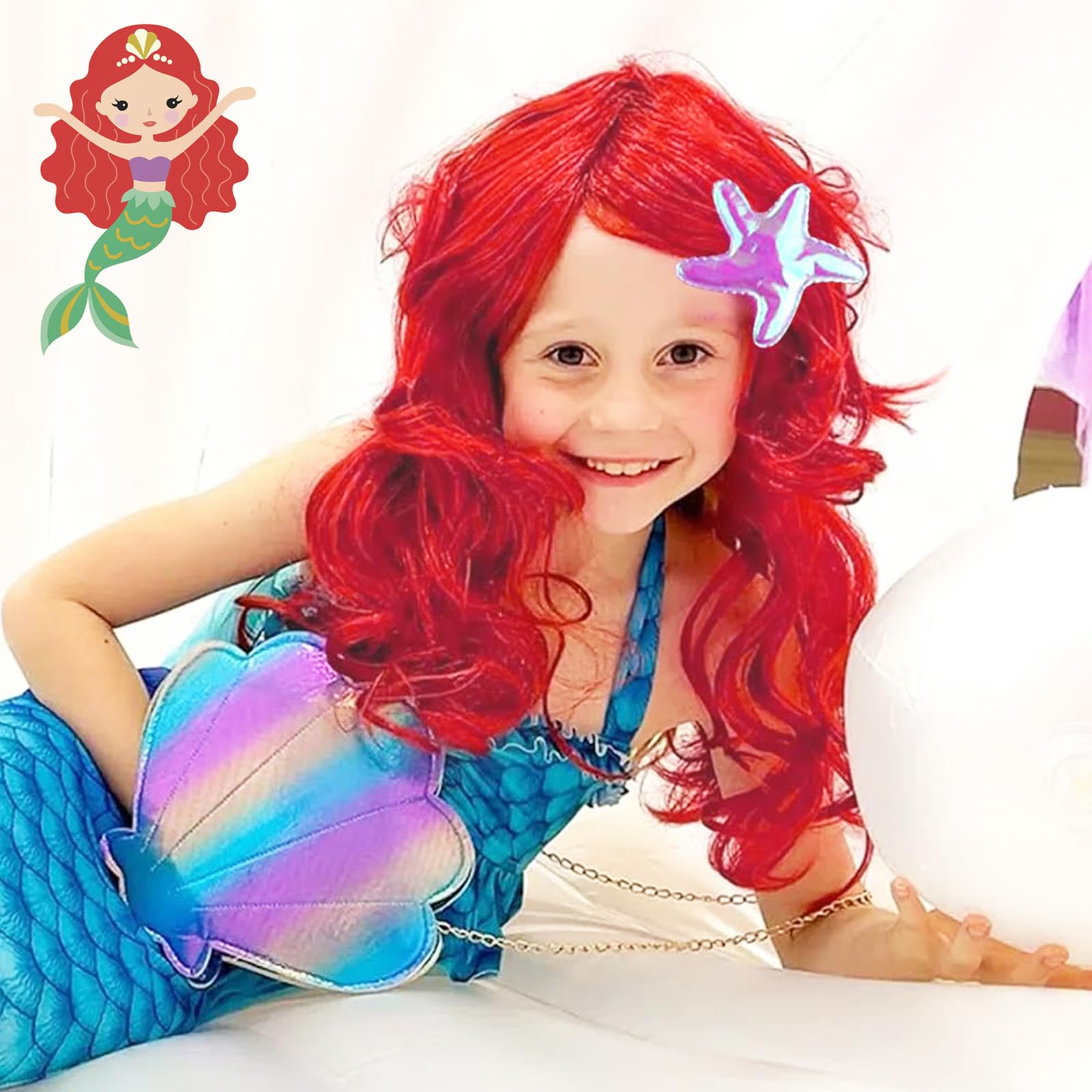 Parrucca Per Bambini a Forma Di Sirena Costume Da Sirena Parrucca Principessa Cosplay Accessori Parrucca Rossa Lunga Ondulata Anime Parrucca Ariel Sirenetta Bambina Per Carnevale, Feste a Tema,Cosplay