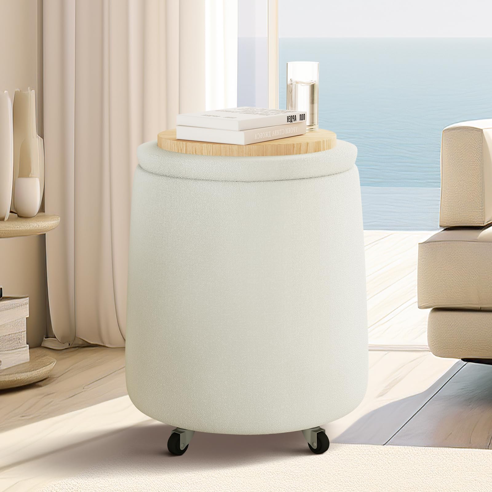 Hellove Puff Almacenaje Bouclé, Redondo Taburete Baúl con Tapa Reversible, Asiento Acolchado, Silla de Maquillaje con Ruedas Ø37 x 45cm para Salón, Dormitorio y Pasillo, Blanco Crema