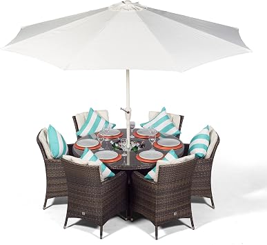 Giardino Savannah Rattan Garden Dining Set 6 Seater with Ice Bucket Drinks Cooler, Outdoor Table & Chairs Patio Furniture with Parasol & Cover, Aluminium Frame, 135cm Round, Brown