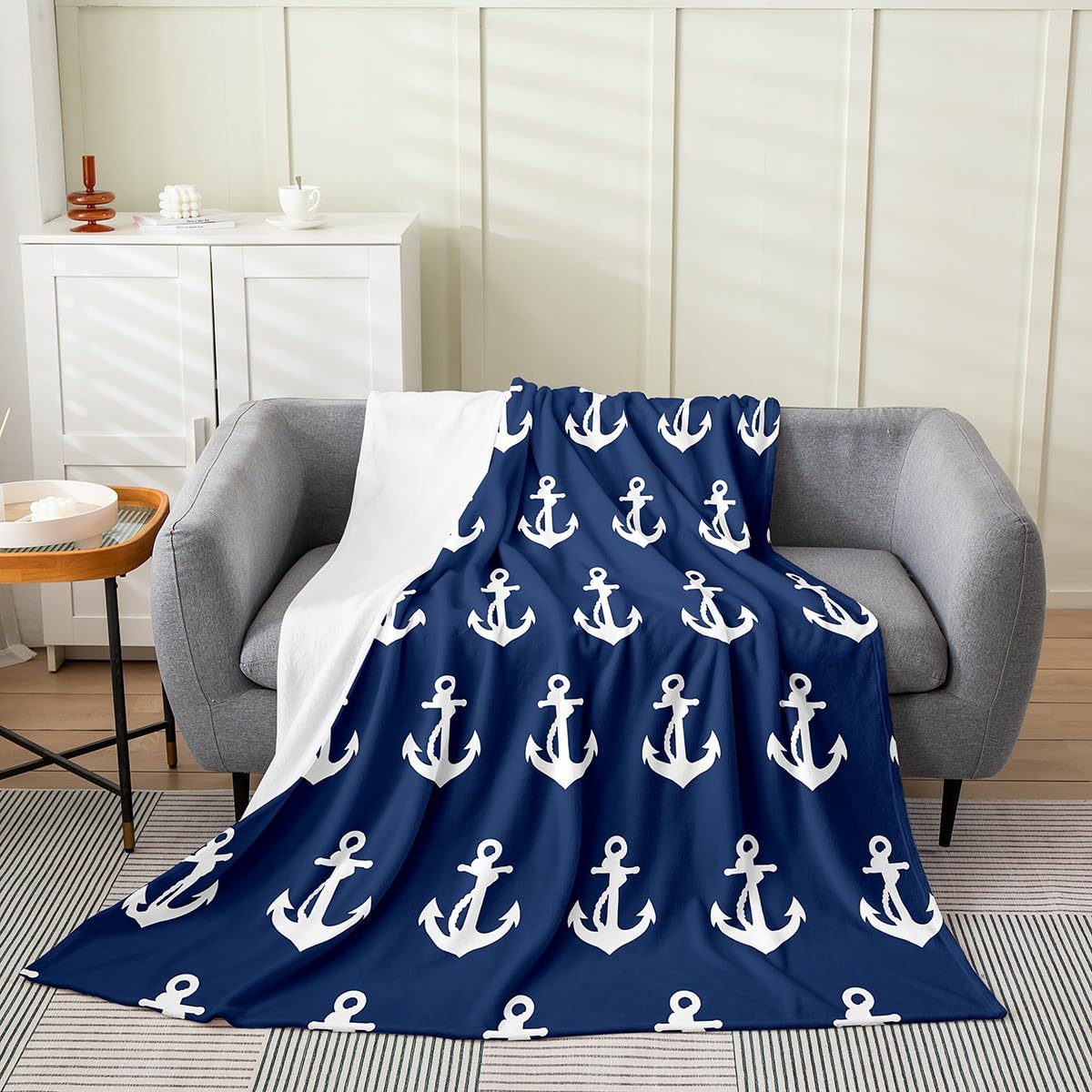 Feelyou Nautical Fleece Throw Blanket,All Season Anchor Bed Blanket Ocean Themed Flannel Fuzzy Blanket for Bed Sofa Couch,Sea Adventure Blue Bedroom