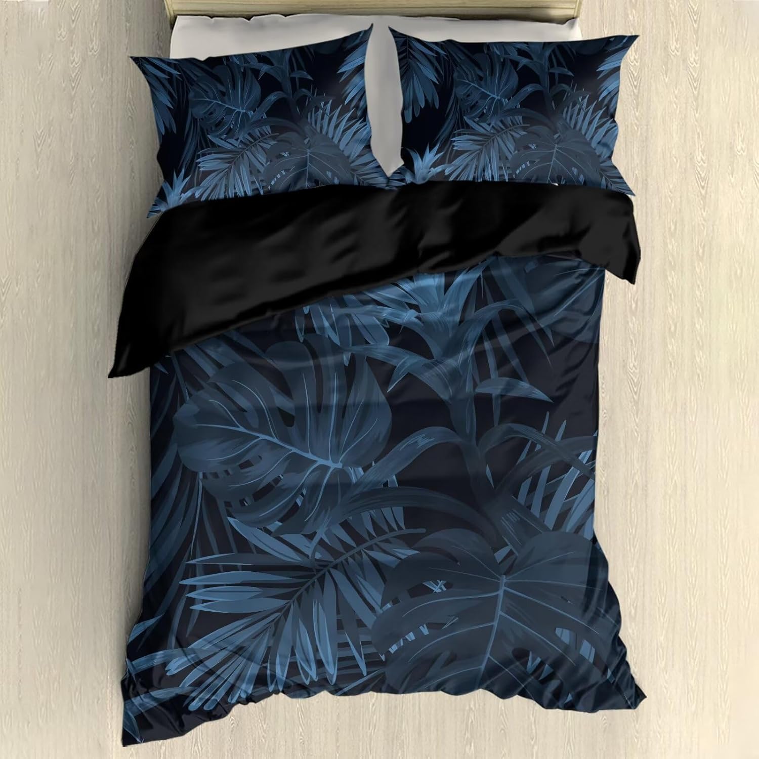 Blue Palm Leaves Printed Duvet Cover Set, Ultra Soft Tropical Style Comforter Cover Set of 3 with 2 Pillowcase - Size King