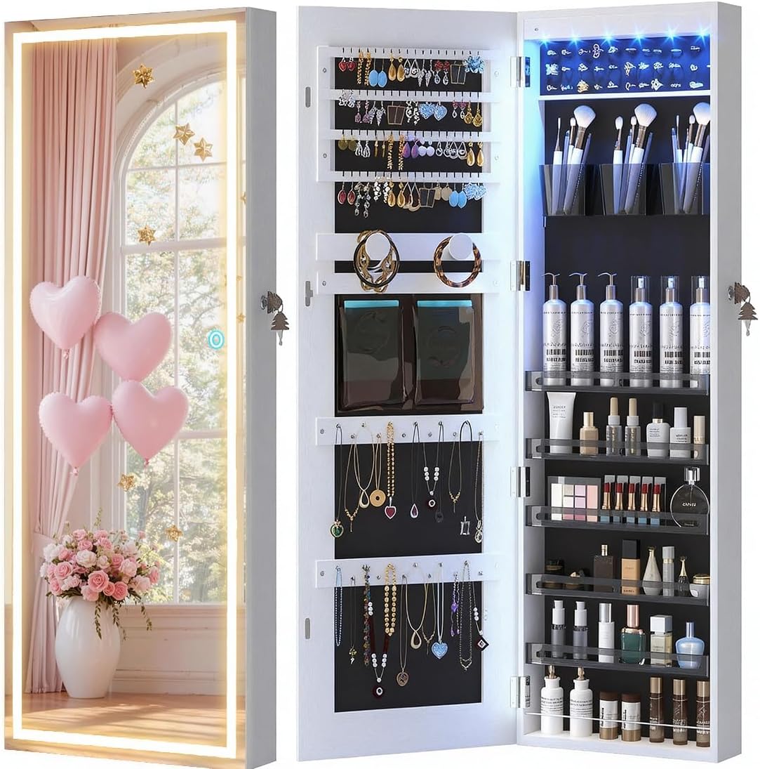 LVSOMT LED Mirror Jewelry Cabinet, Wall/Door Mount Jewelry Armoire Organizer with Lights, Full Length Mirror with Jewelry Storage, Over the Door Hanging Jewelry Cabinet (White)