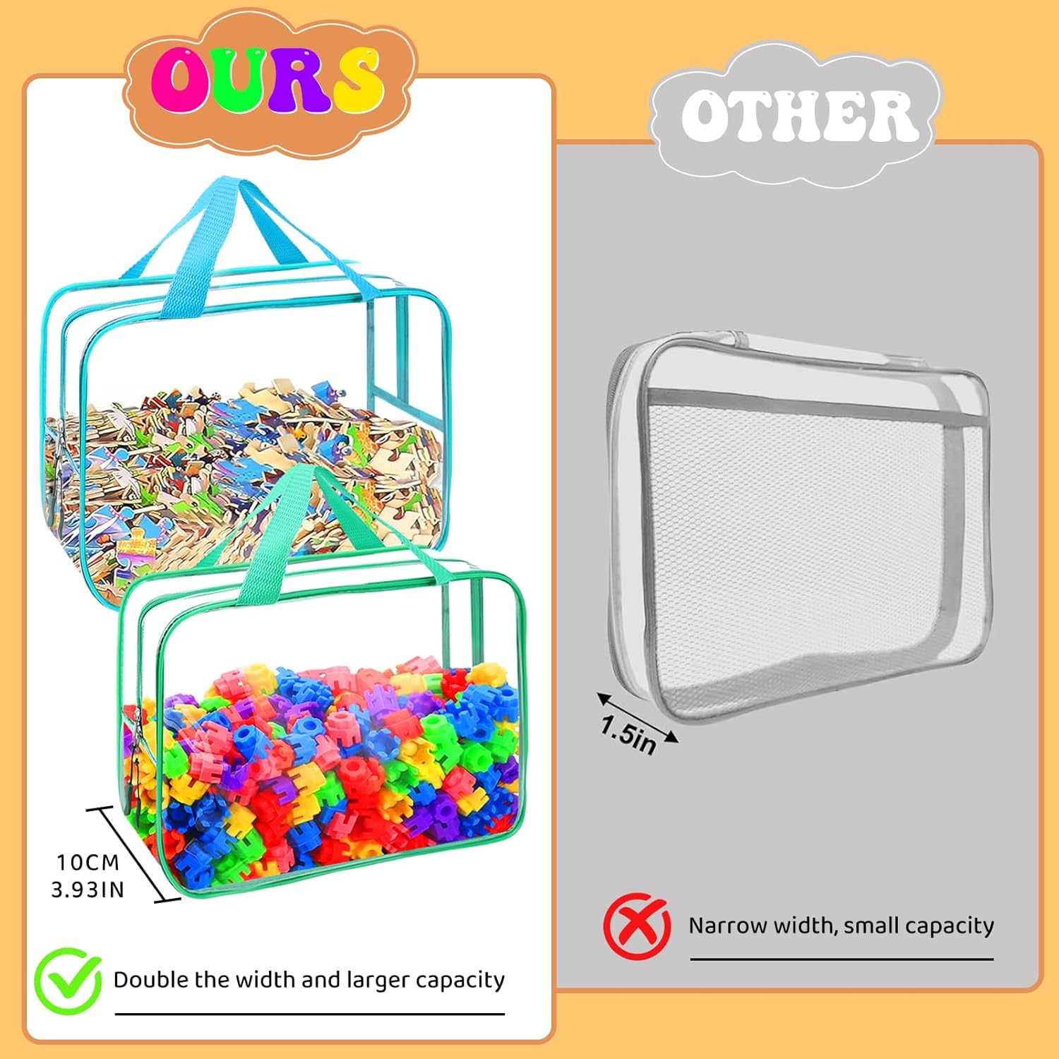 8 Packs 8 Colors Toy Storage Bags, Reusable Clear PVC Board Game Storage, Toy Storage Organizer Bags with Zipper for Building Blocks, Puzzle and Handmade Accessories, Clear Toiletry Bag