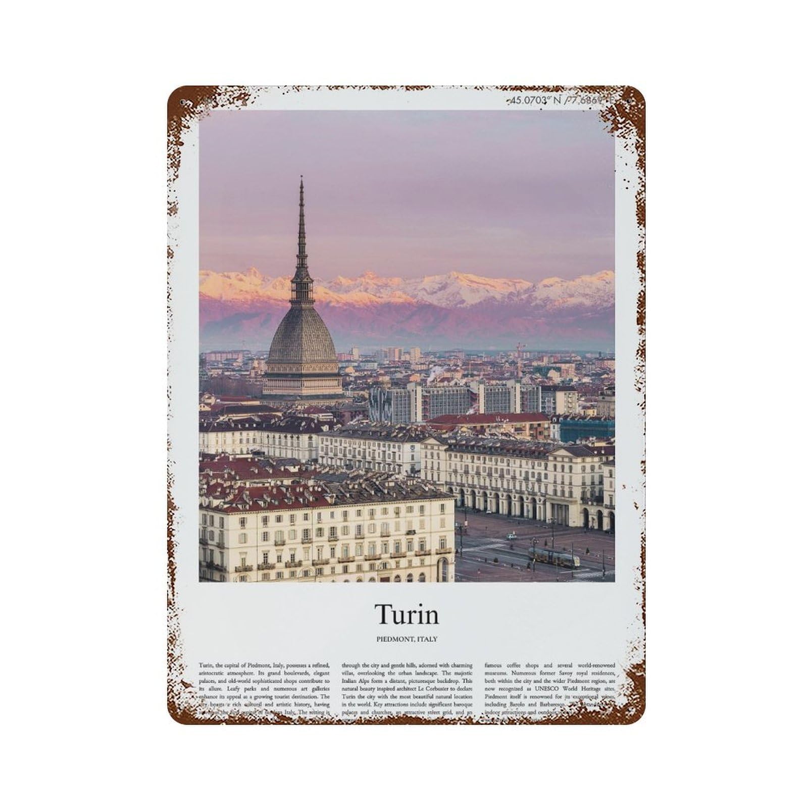 xiaoxiaoshen Turin Piedmont, Italy City Scenery Wall Decor Art Metal Tin Poster Modern Home Decor Art Home Bar Shop Decorations Vintage Sign 40x30cm