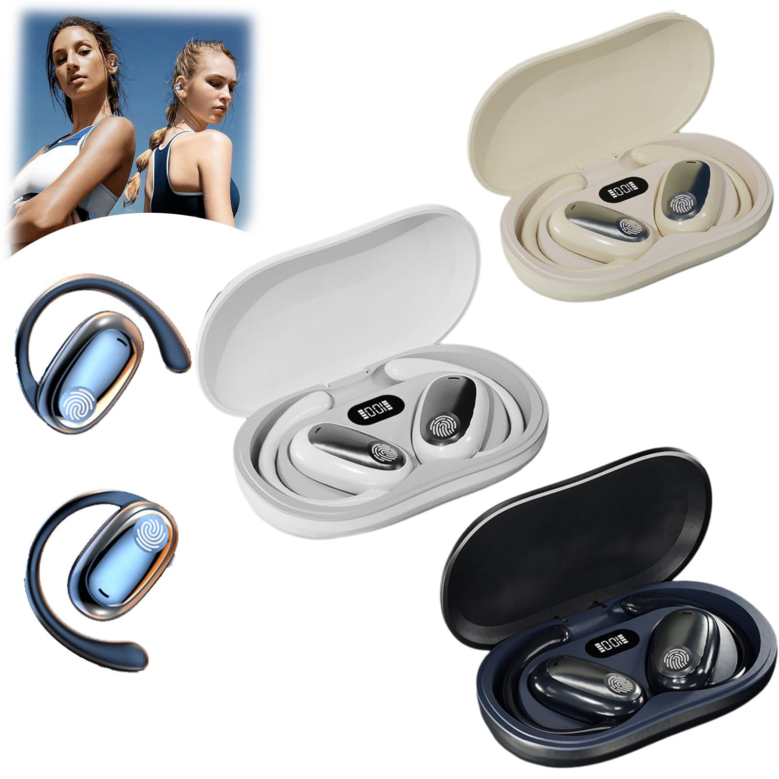 Cuffie sportive da appendere, Bluetooth, Sporty Hanging Ear Earphones, 5.4 Bluetooth, sport, 60 ore, con custodia di ricarica, indicatore LED, IPX5 impermeabile (3 pezzi)