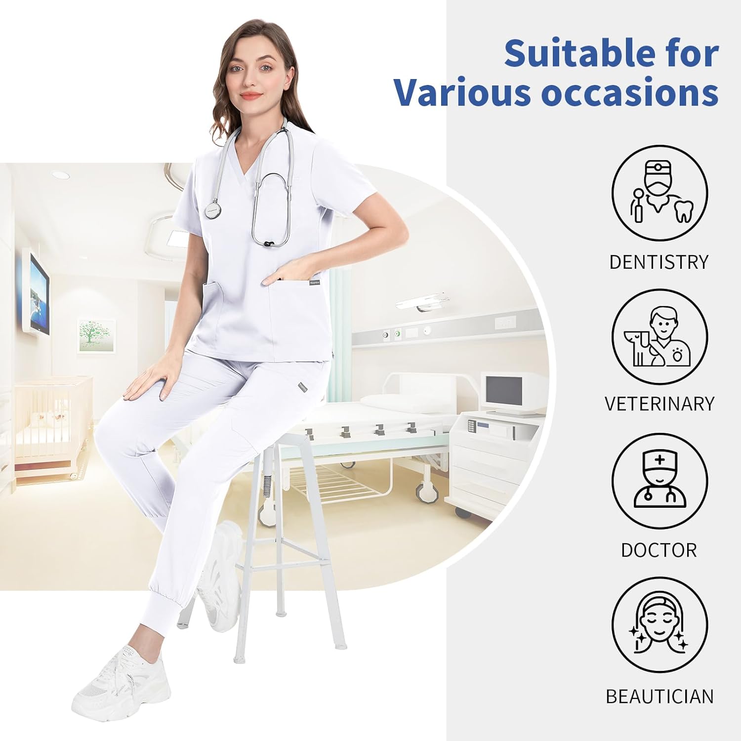 VIAOLI Scrubs for Women Set V-Neck Top and 8 Pocket Jogger Scrub Pant - Medical Uniform Nursing Scrub Set