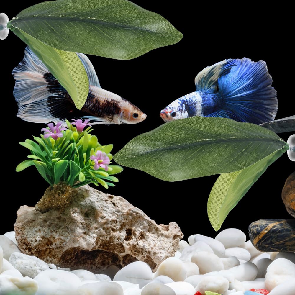 MiOYOOW Feuille Lit Betta, Coussin Feuilles Plantes d'aquarium avec Ventouse Décorations Feuilles Plantes d'aquarium pour Simuler l'habitat de Repos des Poissons