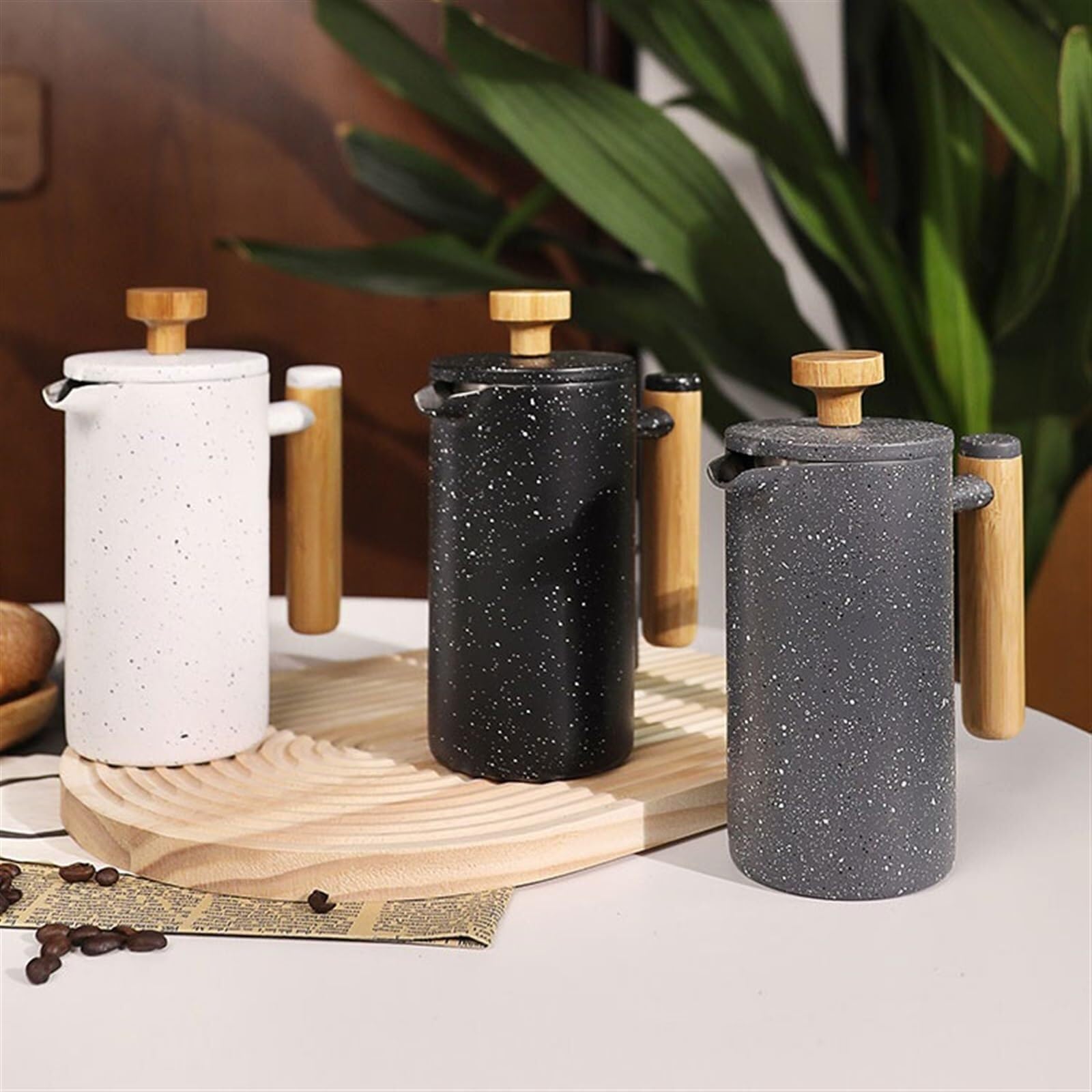 1000 ml French Press dzbanek do kawy, ręcznie zaparzony, ze stali nierdzewnej, drewniany uchwyt, spieniacz do mleka, do użytku domowego i kawowego (Gris) (biały, 350 ml) (czarny, 350 ml)