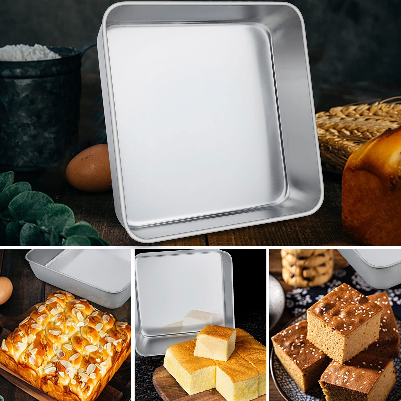 Herogo Teglia da forno profonda in acciaio inox con coperchio, quadrata, adatta per torte, brownie lasagna, finitura a specchio e lavabile in lavastoviglie (24 x 5 cm