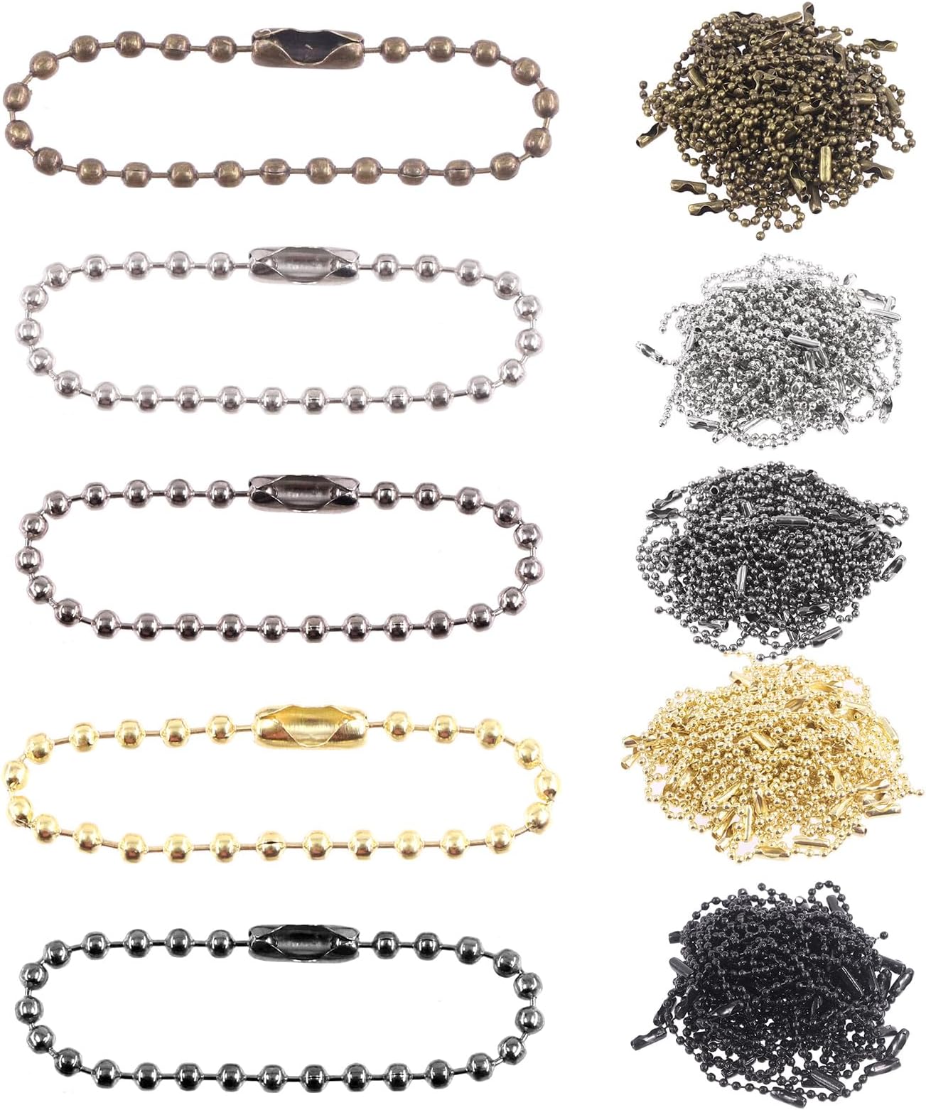 Tantisc 250Pcs 5 Colors Metal Ball Beads Chain Kit, 2.4 x 100mm/0.09” x 3.94” Ball Bead Chain with Connectors, Dog Tag Chain Necklace Ball Chain Keychains for DIY Crafts