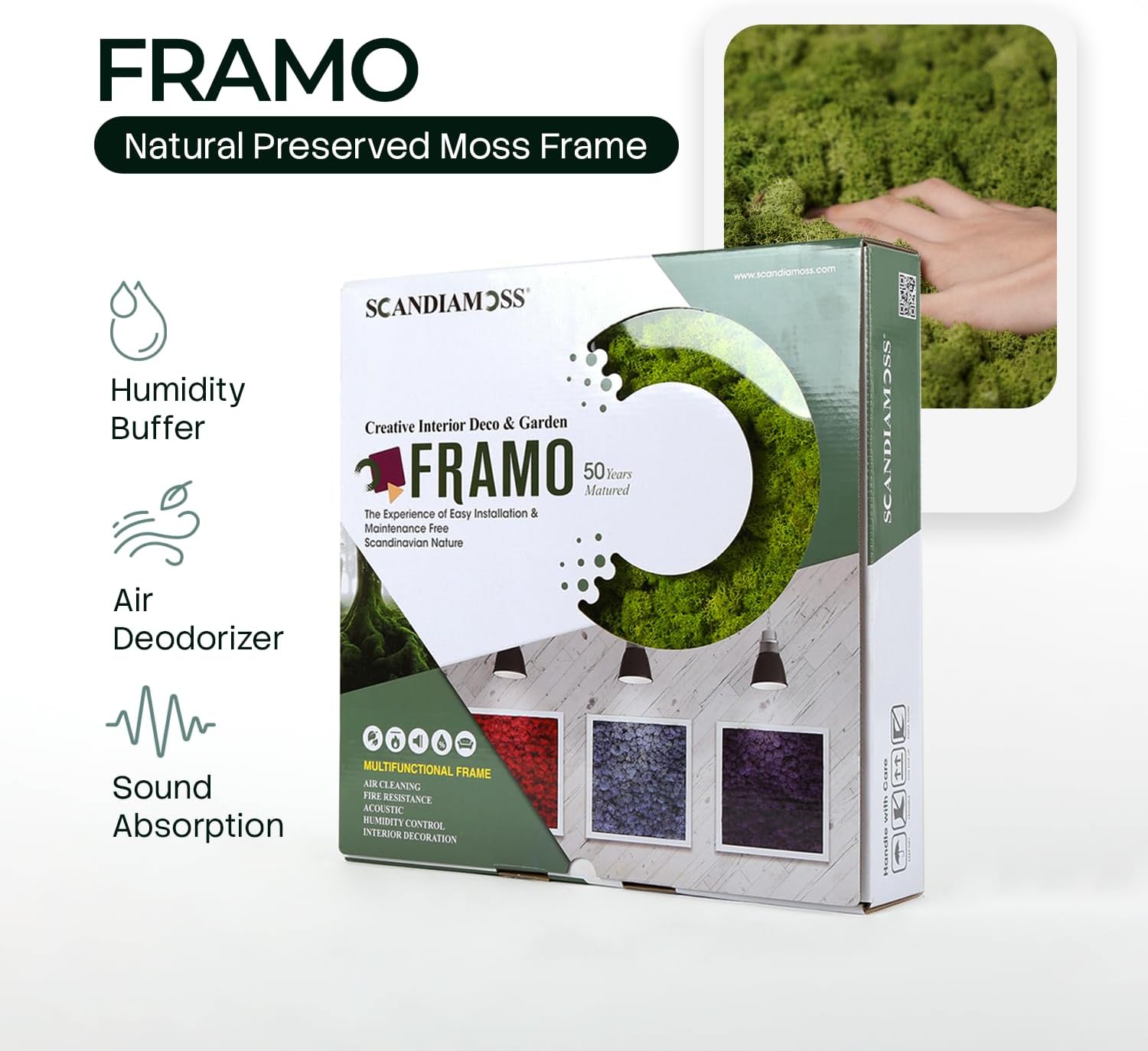 Acoustic Panels 13"X13" FRAMO Moss Green(White Color Frame) Valuable Nature Interior Vibration Generator, Effectively Control, Recording Room AV Room Cinema Interior - Nature in the Frame