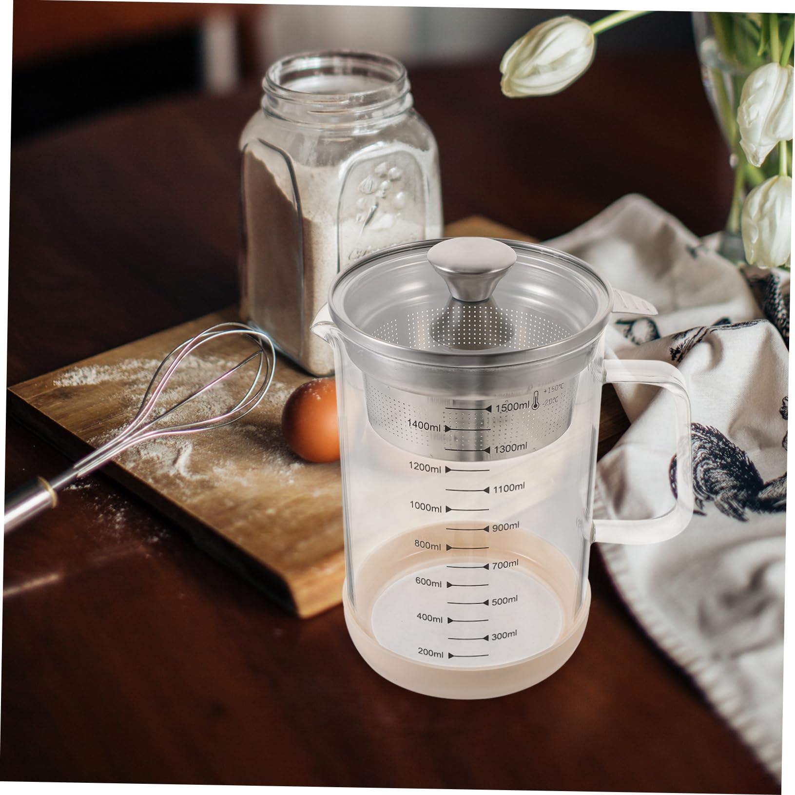 SOLUSTRE Caraffa in Vetro 1500ml Filtro a Maglia Fine in Acciaio Inox e Silicone, Utile Strumento da Cucina per Filtrare Latte di Soia e Succhi
