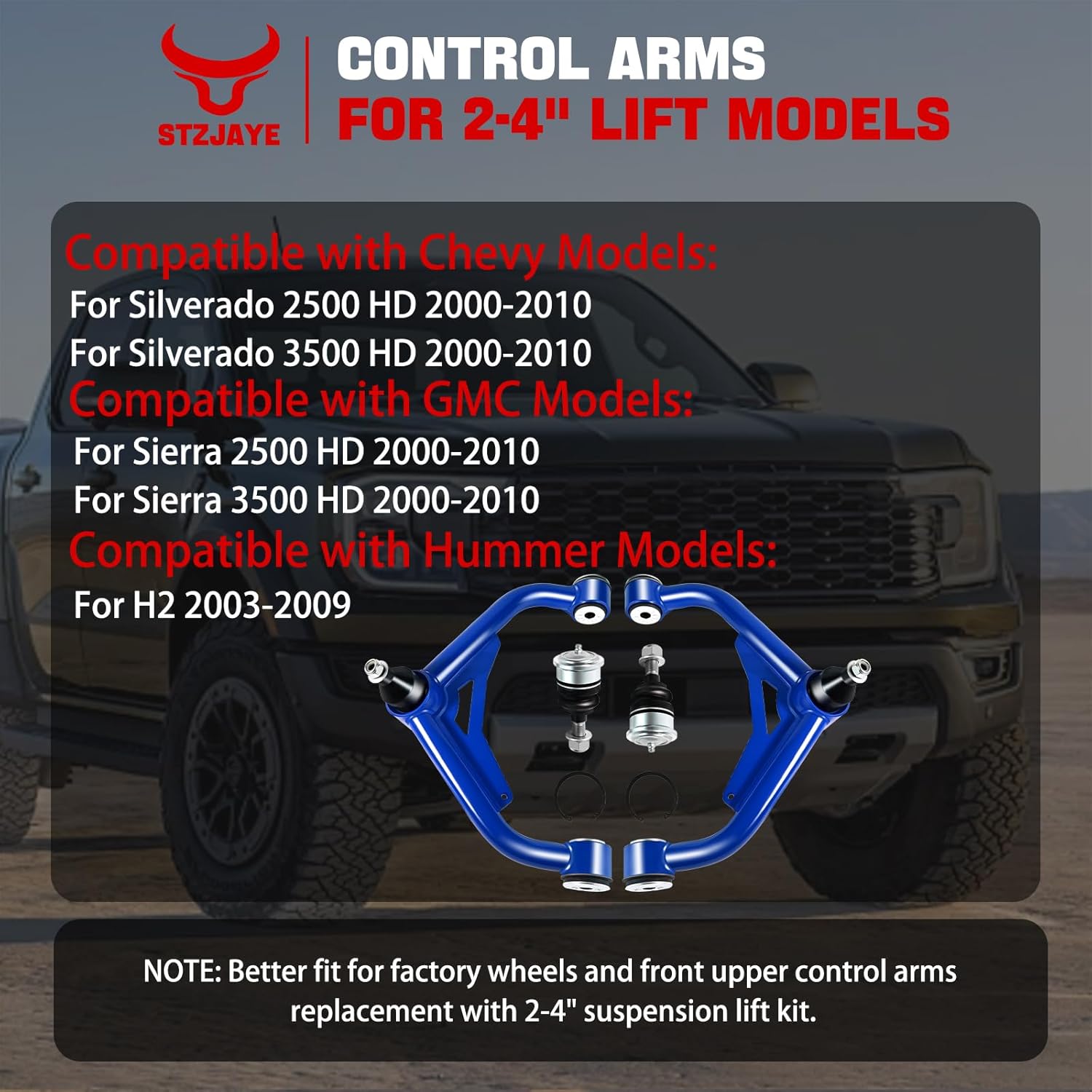 2-4inch Upper Control Arms Compatible with 2001-2010 Chevy Silverado, 2-4" Lift Front Adjustable Suspension Control Arm Kit for GMC Sierra 1500 HD/2500/2500 HD/3500/3500 HD