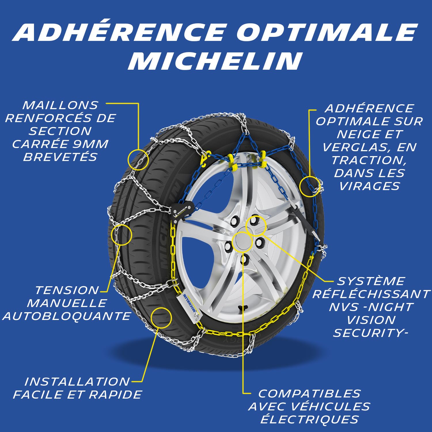 MICHELIN EXTREM GRIP, Chaînes à neige métalliques, Maillons 9 mm, Tension Manuelle Autobloquante, N° 110 - Montage Rapide - Adhérence Optimale sur Neige et Verglas - Sécurité et Visibilité Renforcée