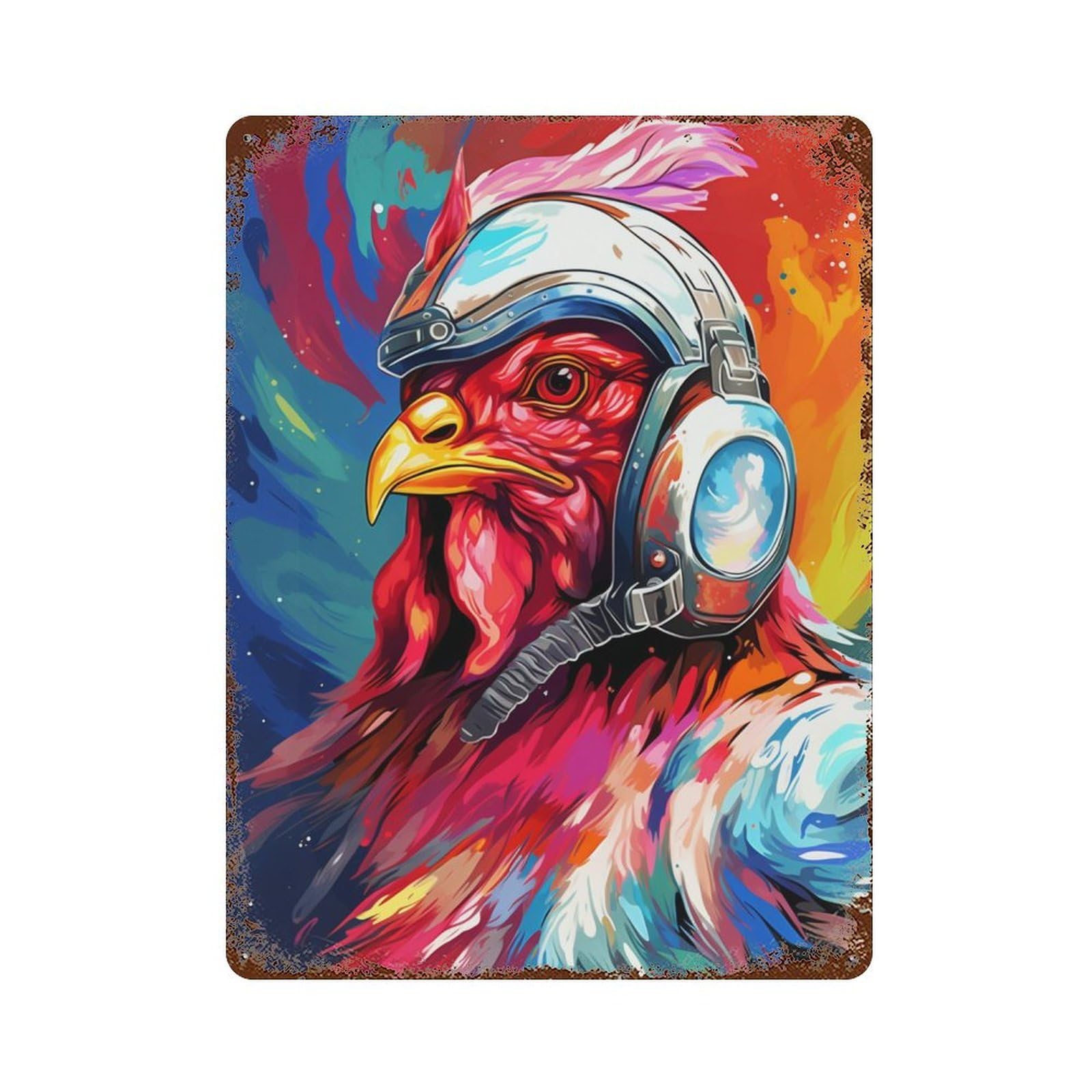 Space Chicken Headphones Art Retro Metal Sign 15.7"x11.8", Decorative Metal Wall Art for Basement, Hobby Room And Garage Decor