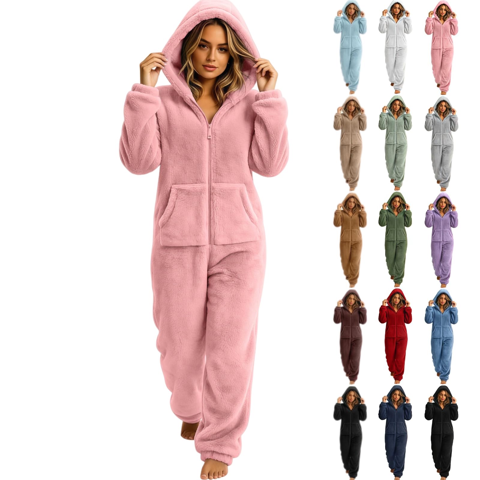 Womens Fleece Onesie Winter Warm Zippered Front One Piece Pajamas Jumpsuit Sherpa Romper Hooded Playsuit Loungewear