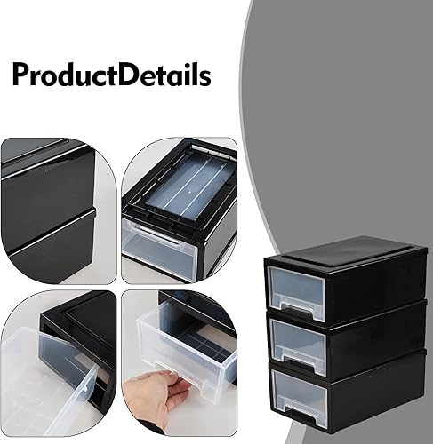 Miniatura 4 de Cajones de almacenamiento negros de 6 cuartos de galón para escritorio, paquete de 3 cajas apilables de plástico para cajones