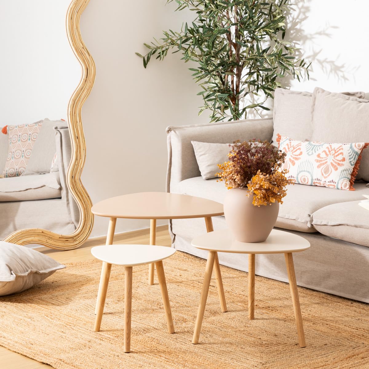 Atmosphera - Tables Gigognes Mileo, Lot de 3 - Beige, Pieds Bois, H 45 cm - Table Basse d'Appoint pour Salon, Chambre