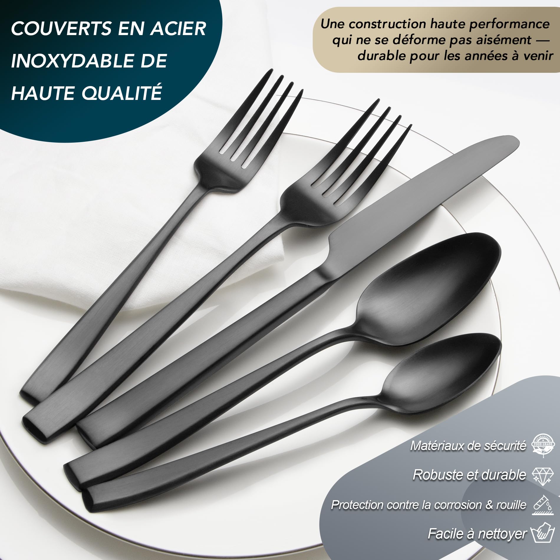 Lot de 30 couverts en acier inoxydable de qualité supérieure pour 6 personnes avec poignées uniques, couverts noirs modernes avec couteau, fourchette, cuillère