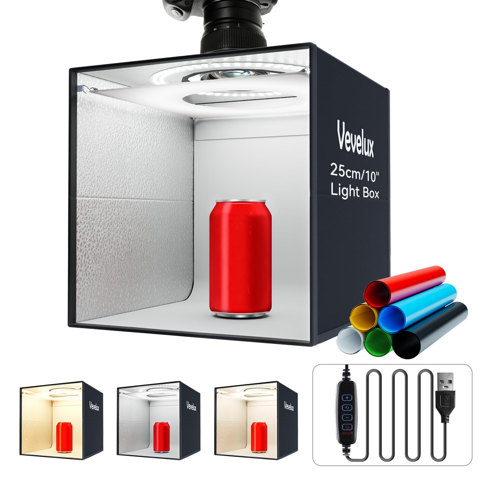 Boîte à lumière 25,4 x 25,4 cm, tente de prise de vue photo pliable portable avec 120 lumières LED à intensité variable (IRC > 90), 6 toiles de fond de couleur et 1 diffuseur pour petits produits
