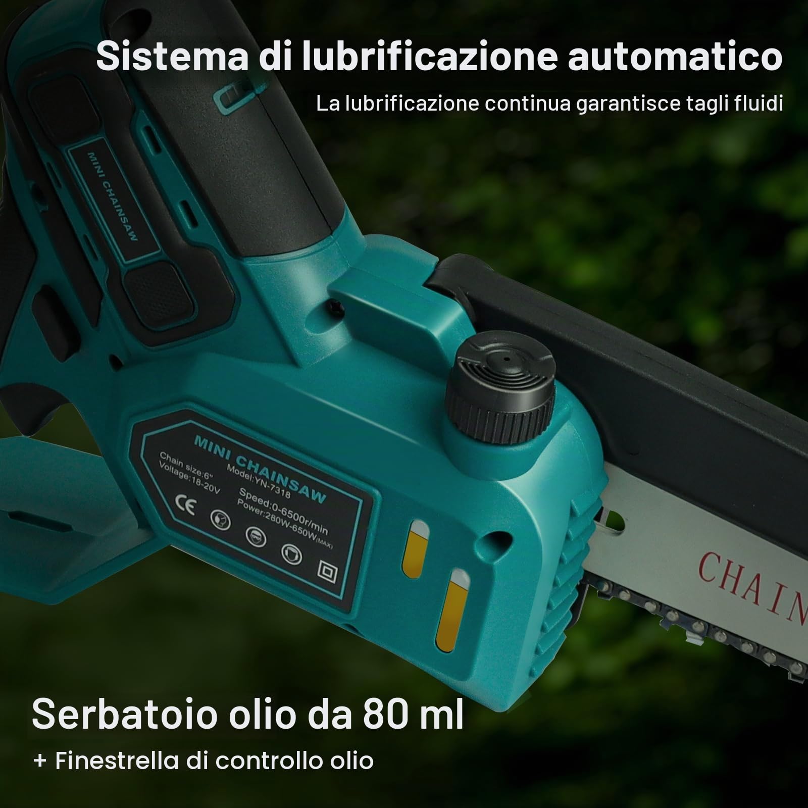 Mini motosega 15 cm compatibile con batteria Makita 18V, motosega da potatura brushless con lubrificazione automatica per taglio del legno e giardinaggio (senza batteria e olio catena)