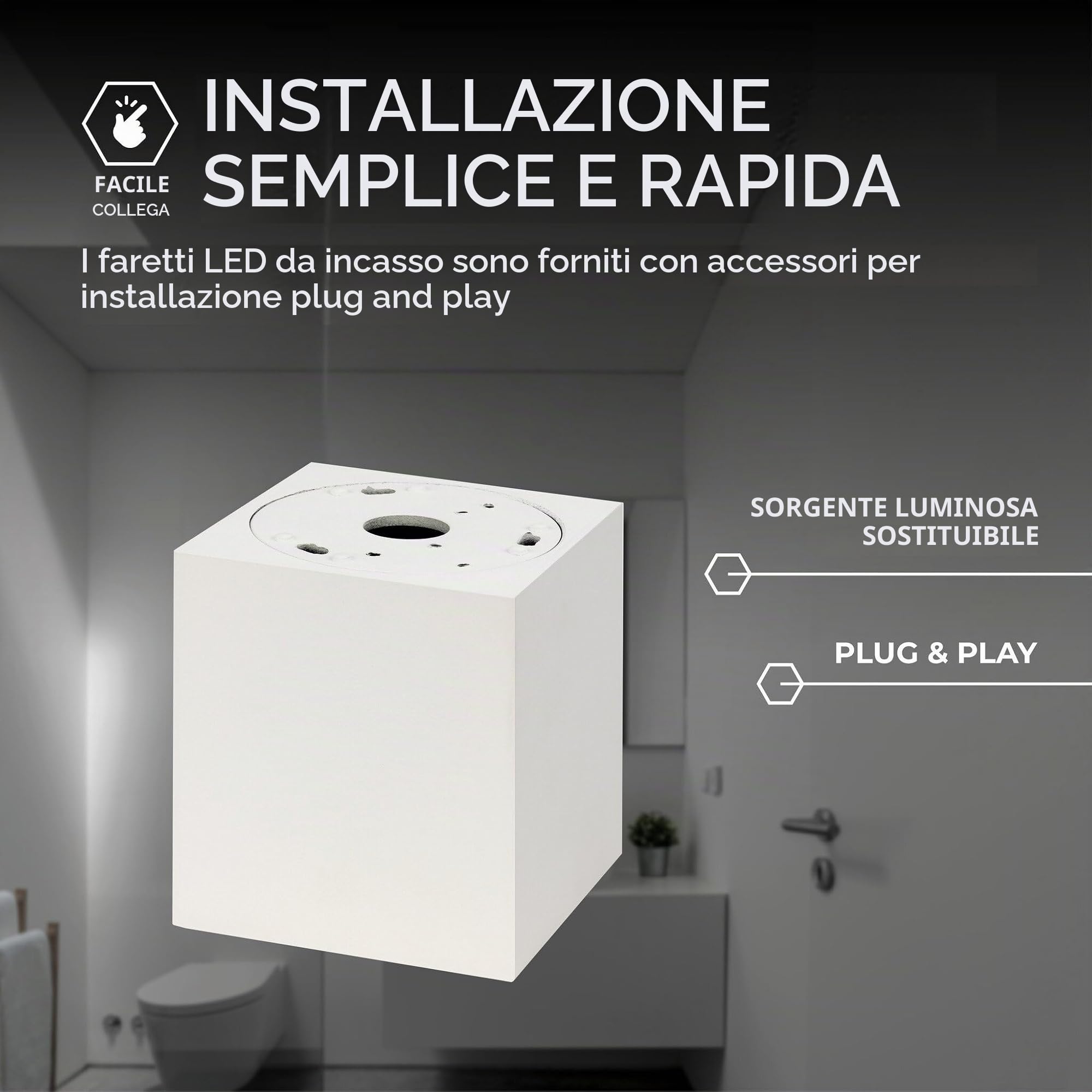 Ledvion 4 pezzi faretto LED da superficie bianco quadrato 3W bianco caldo