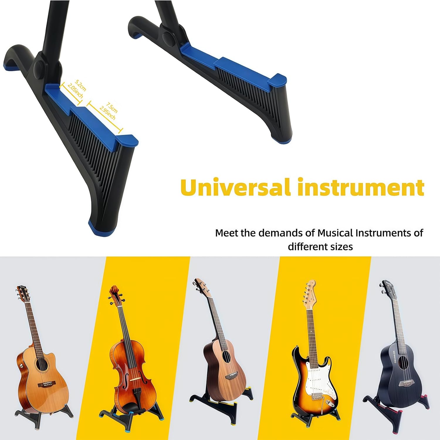 nalu Classic A-Frame Tripod Adjustable Guitar Stand for Acoustic Bass Electric Guitars and Ukuleles Folding Floor Stand Small Good for Traveling (BlueRubber+BlackFrame2pack) image 2