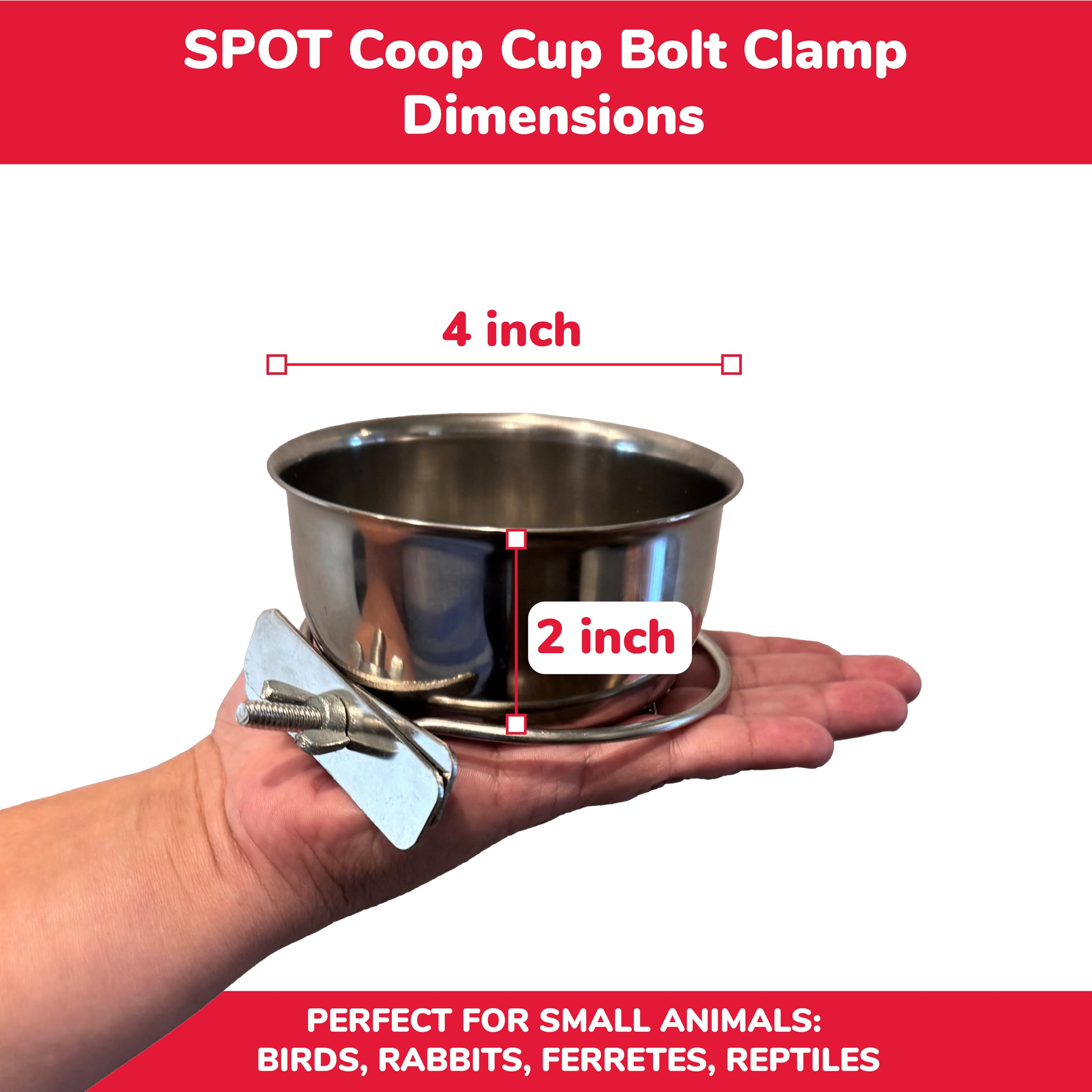 SPOT Coop Cup Bolt Clamp - Stainless Steel Hanging Bowl for Crates, Removable, Chew-Proof Pet Feeding Dish, Ideal for Birds, Parrots, Rabbits, Ferrets, Reptiles, 1.25 Cups (10 Oz) - image 4