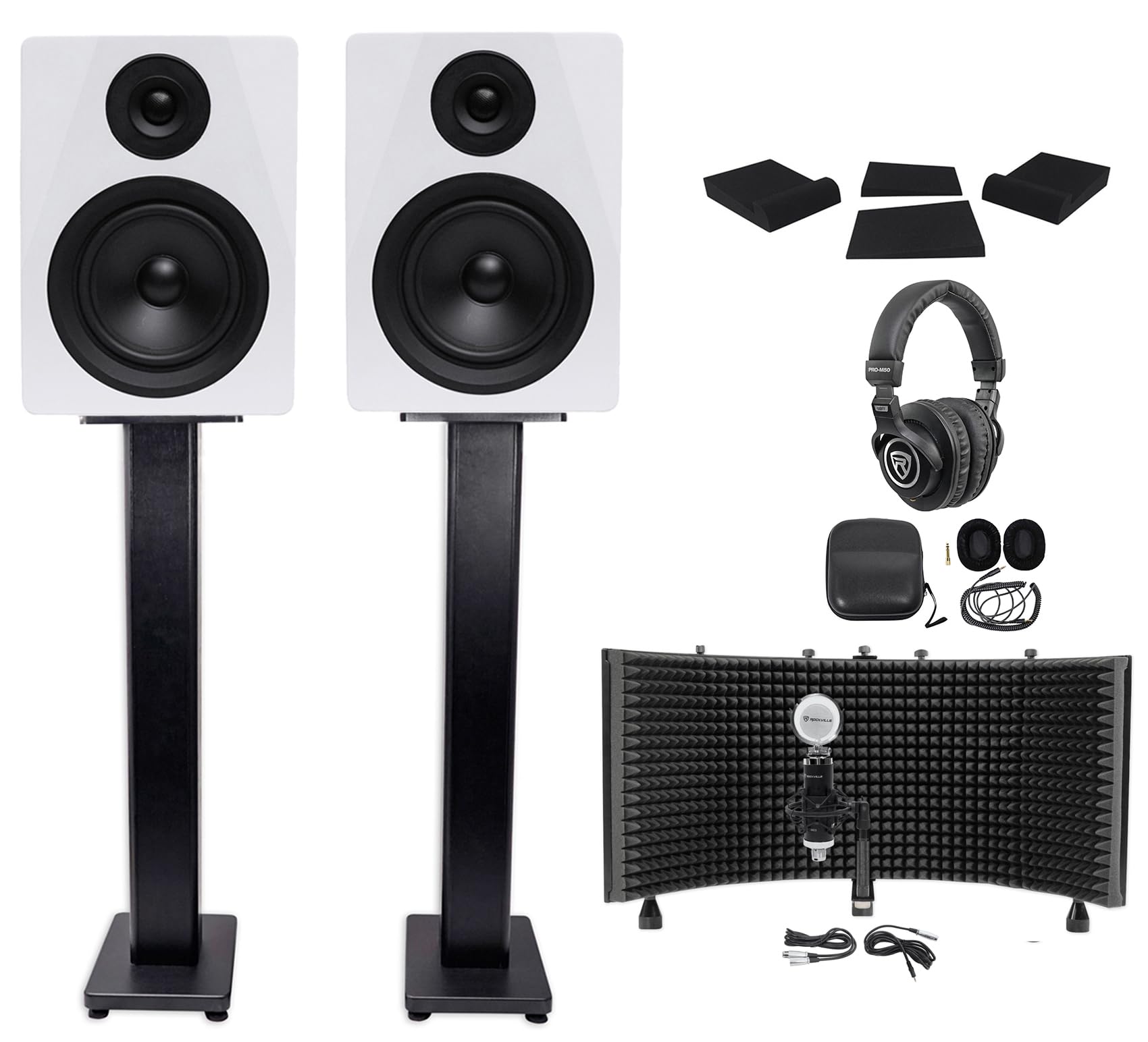 Rockville Bundle: (2) DPM5W Monitor Speaker Bundle with (1) Pair RHTSB Speaker Stands & (1) Pair RRS190S Isolation Pads+Headphpnes+Microphpne+Isolation Shield (8 Items)