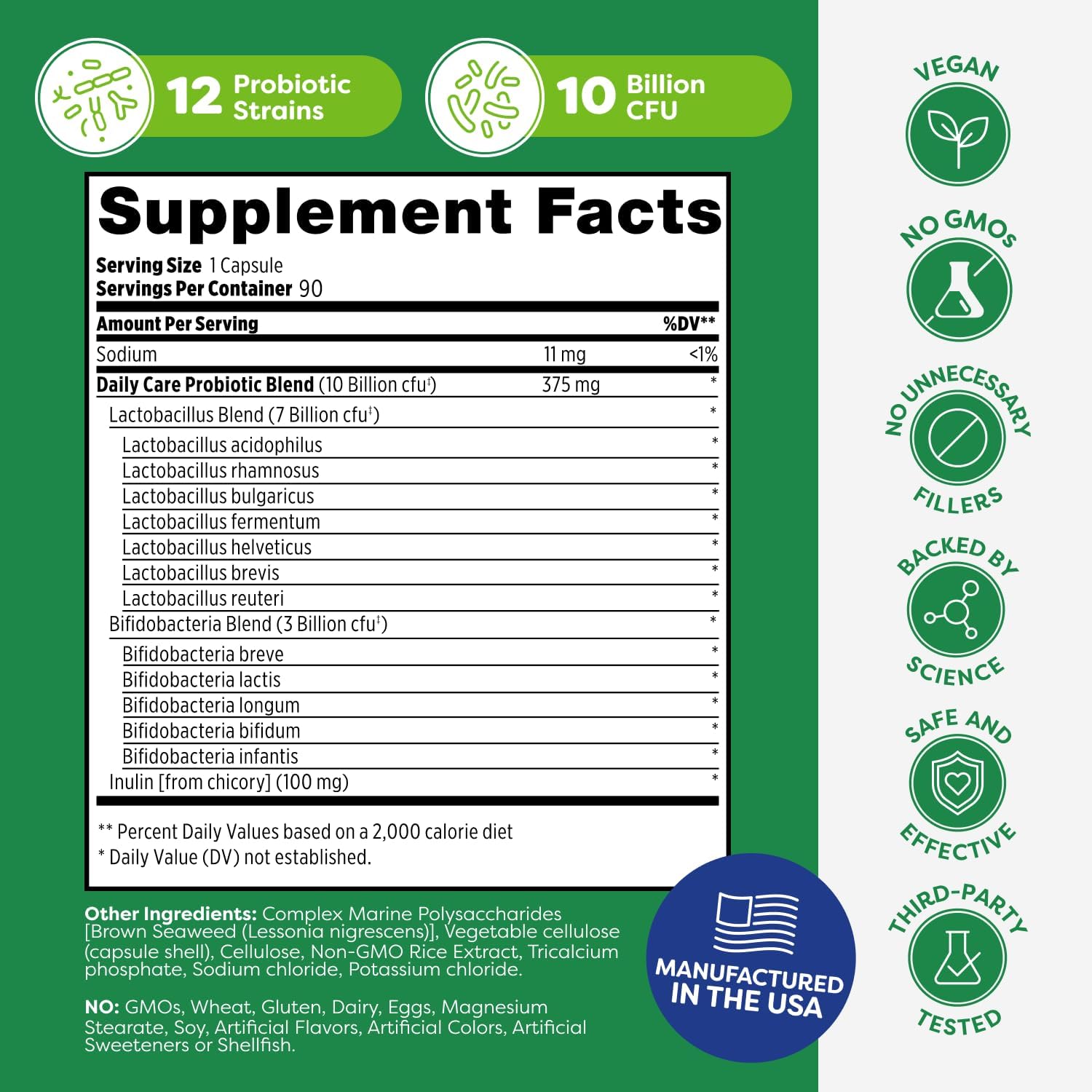 Probulin Daily Care Probiotic Supplement, Digestive, Gut, and Immune Health Support Capsules for Men and Women, 10 Billion CFU, Vegan, 90 Count Bottle