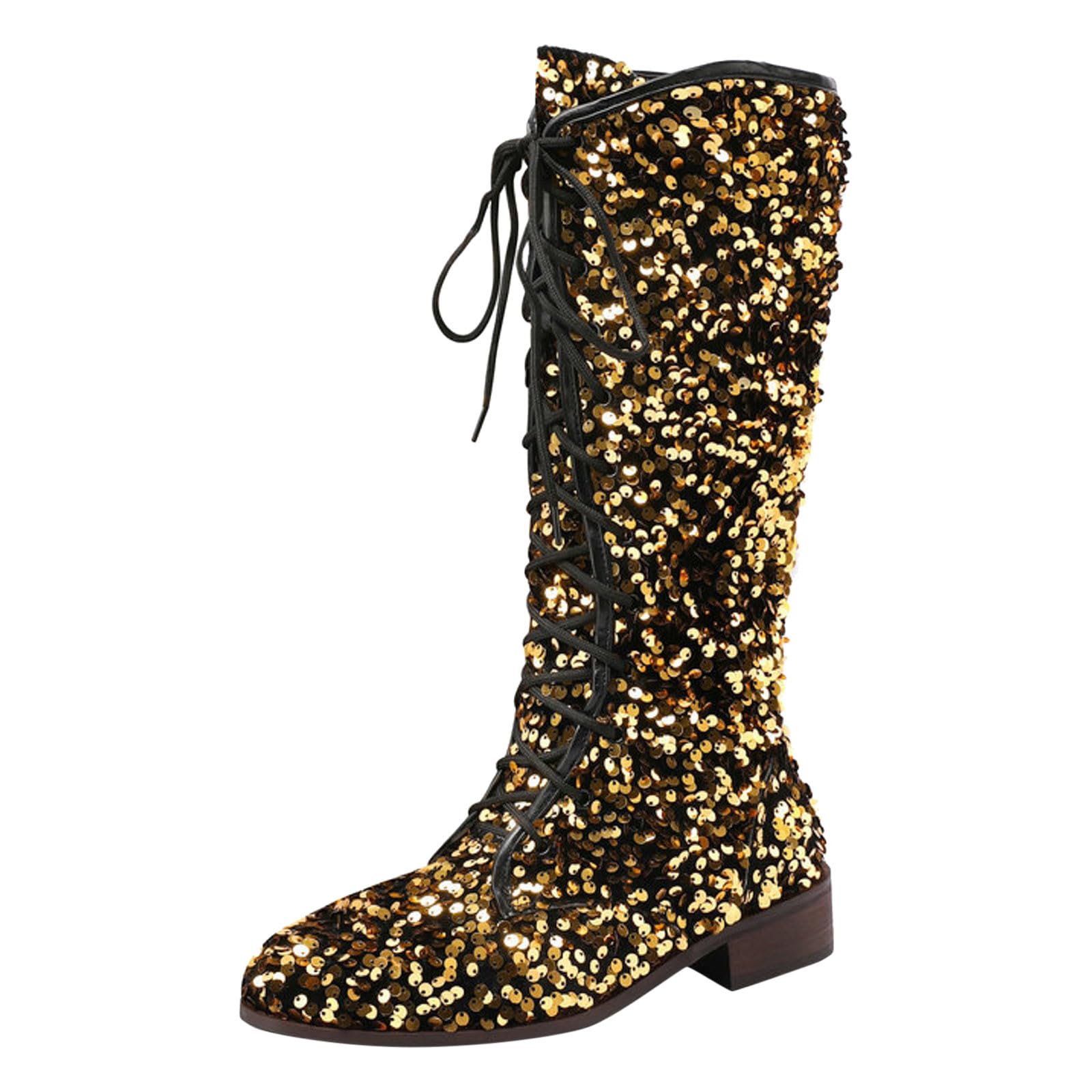 Botki damskie, buty do połowy łydki, z cekinami, dekoracja retro, z koronką, grube obcasy, niskie obcasy, wygodne buty gumowe