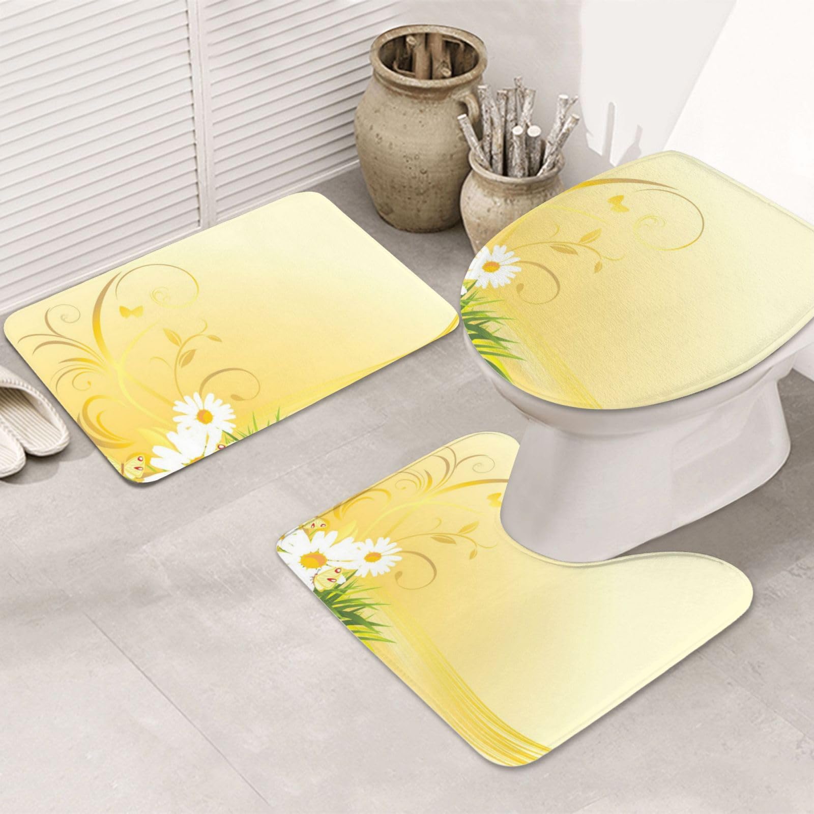 LAMAME Badezimmerteppich, geschwungene Kamillenblumen, fliegende Schmetterlinge, bedruckt, 3 Stück, Badezimmerteppich, rutschfester Teppich
