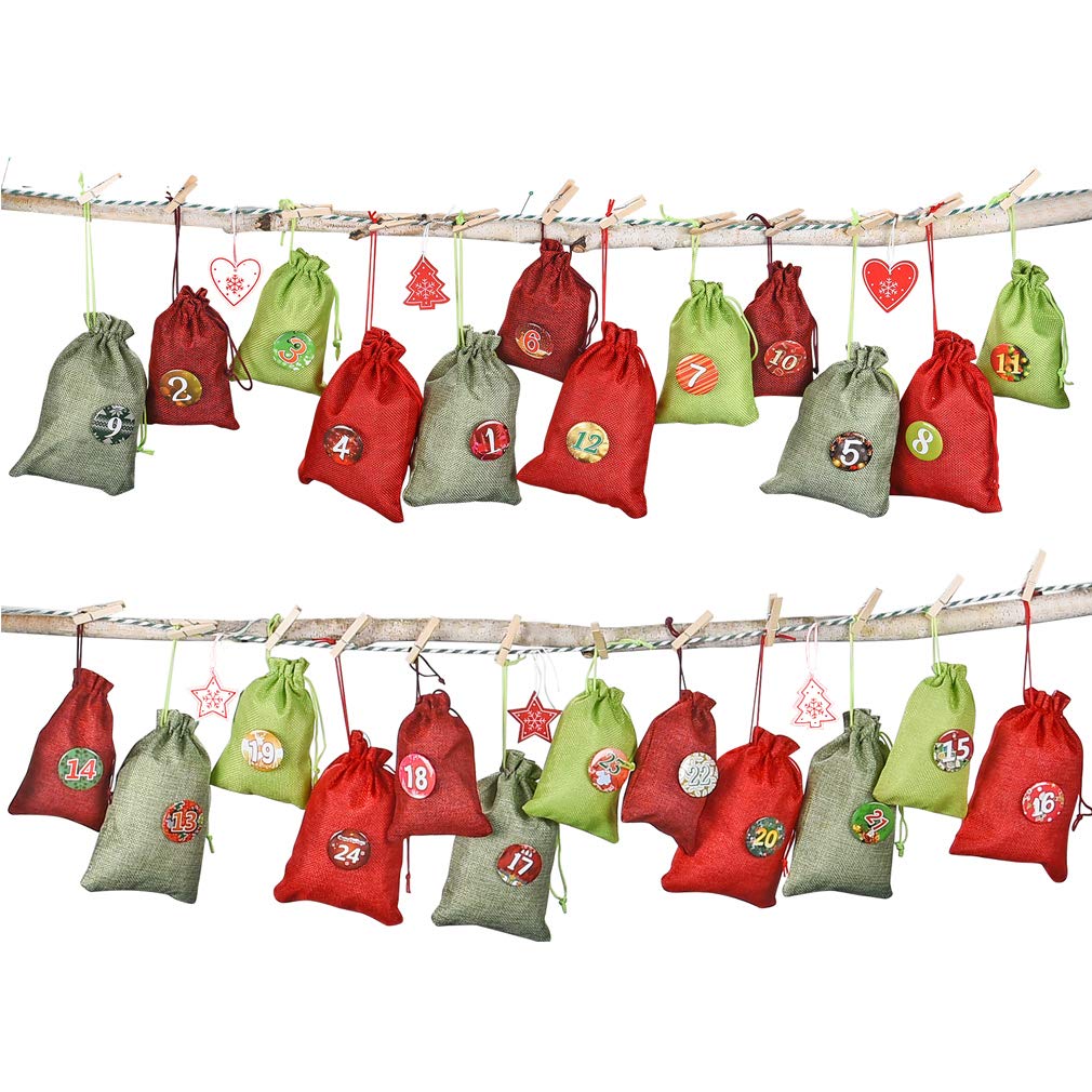 Bandezid Adventskalender Säckchen Set – 10 Stück, 8x10 Cm, Jute-Stoff, Mit Zugband, Zum Selbstbefüllen