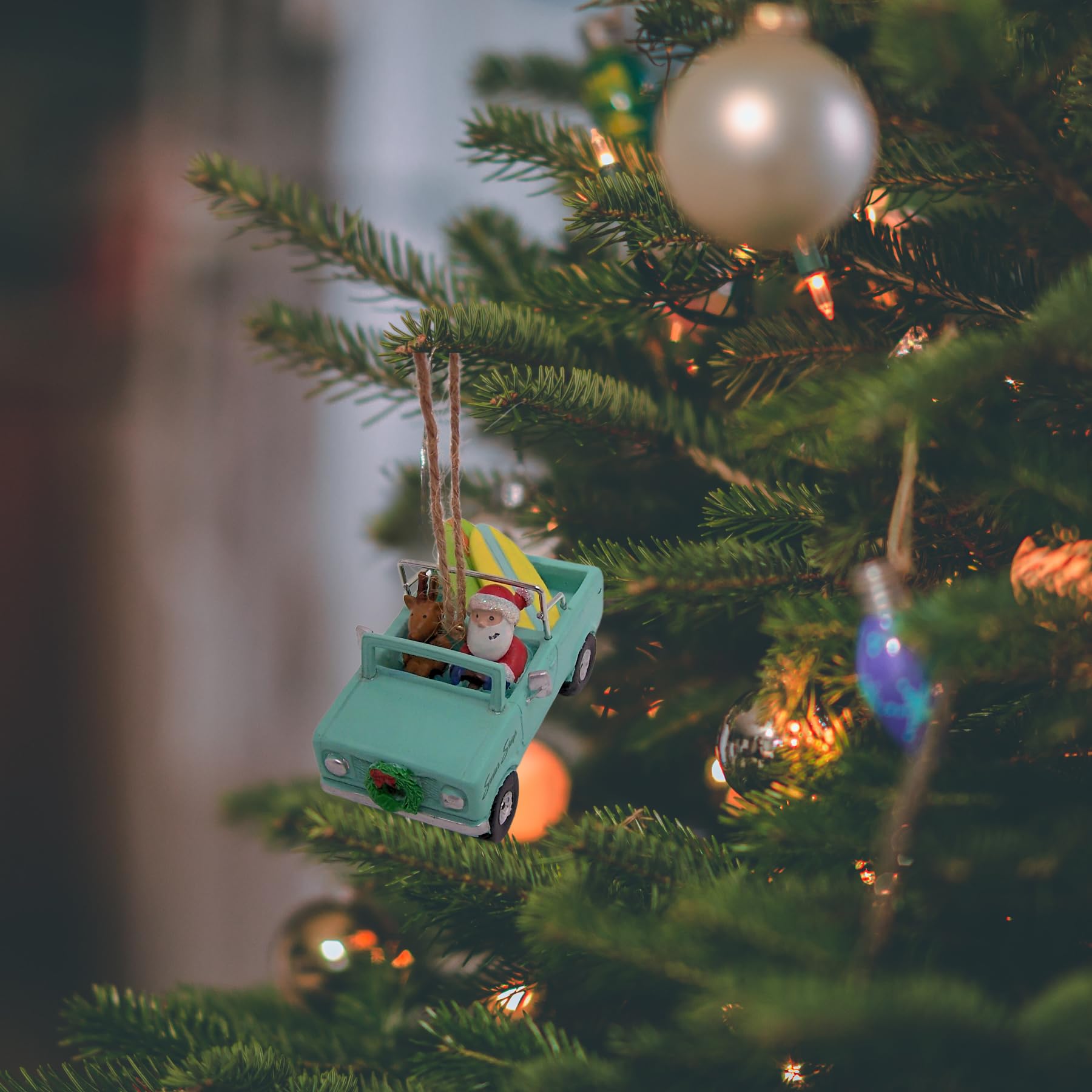 Resin Santa and Reindeer in Scout Car with Surfboards Christmas Tree Ornament, Hanging Festive Ornament, Festive Decor, 2 Inches