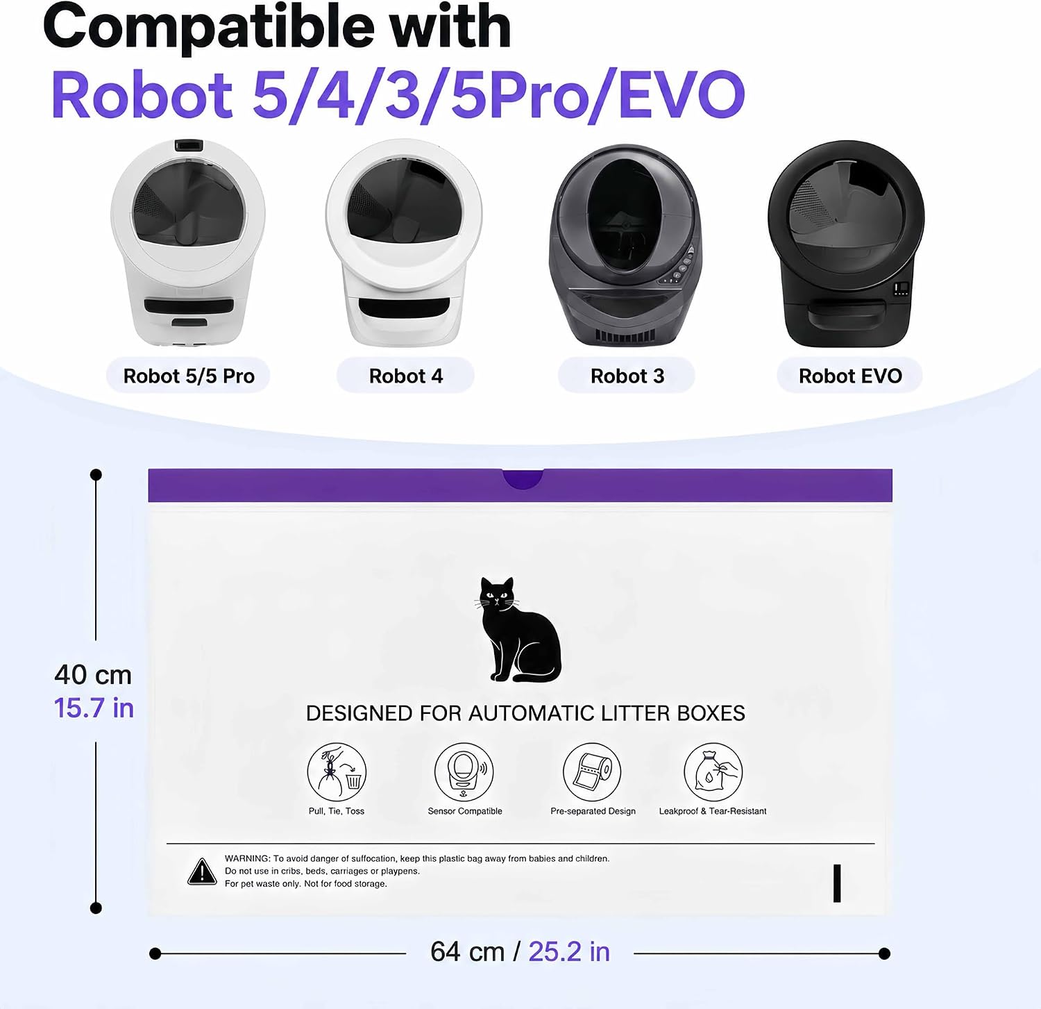 75 Count Litter Box Robot 5/4/3/EVO Waste Bags, Automatic Litter Box Liners, Transparent Sensor-Friendly Drawstring Cat Litter Bags, Heavy Duty Tear Resistant, Pre-Separated, 25.2 x 15.7 In image 2