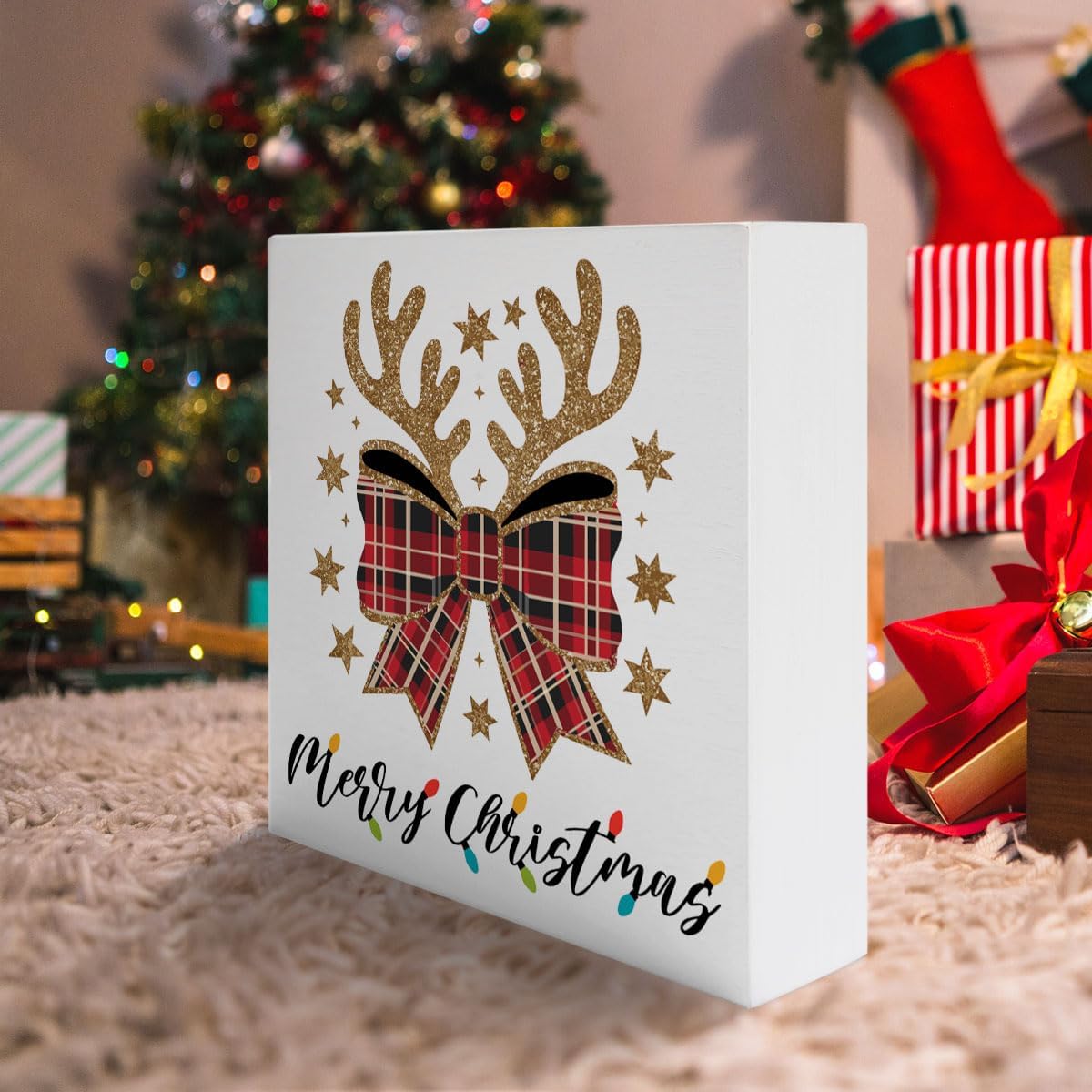 Merry Christmas Wooden Decor Sign, Bow Winter Xmas Christmas Decoration for Home Office Xmas Holiday Home Decor Winter Holiday Gifts for Women Men image 4