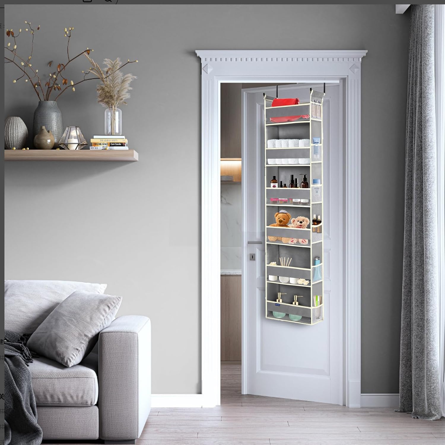 Hanging Shoe Organizer 8-Shelves Grey + Over The Door Hanging Organizer 6-Shelves 2 Pack Grey