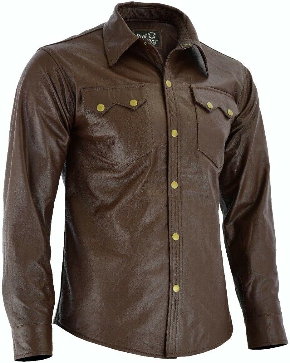 Men's Leather Shirt Western Trucker Cowboy Real Leather Summer Jacket Burdungy