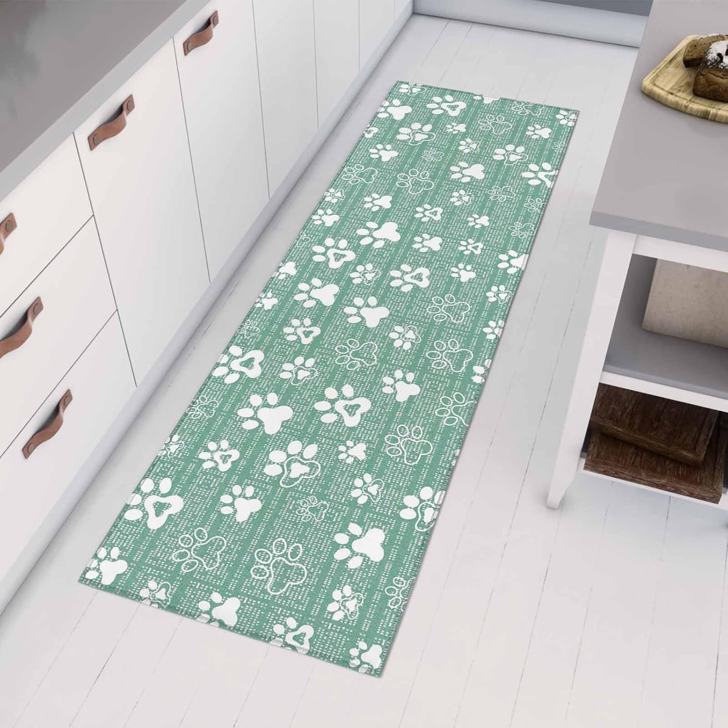 Teamery Kitchen Mats for Floor Cartoon Dog Paw Navy on Green Washable Non Slip Kitchen Rugs 1PCS, Abstract Prints Seamless Absorbent Standing Mats for Sink Bathroom Office Living Room 23.6x70.9in