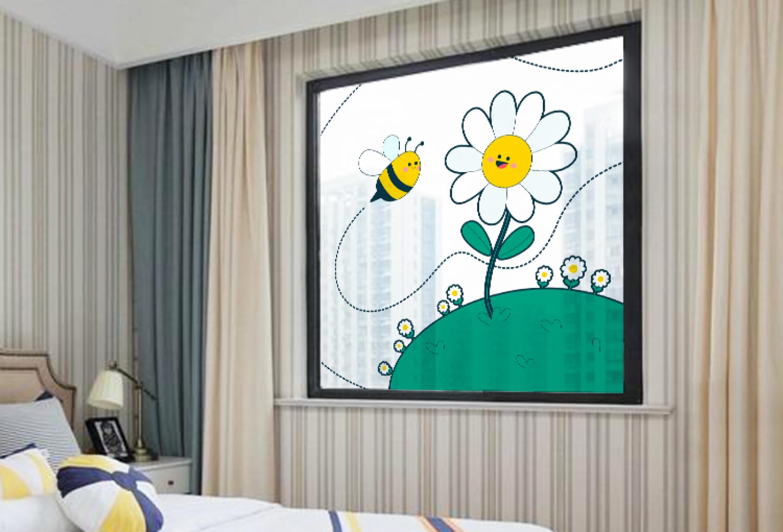 Fensterfolie Blickdicht Sichtschutzfolie, Sichtschutzfolie für Fenster, Motiv: Cartoon-Blumen und Bienen, zum Abziehen und Aufkleben