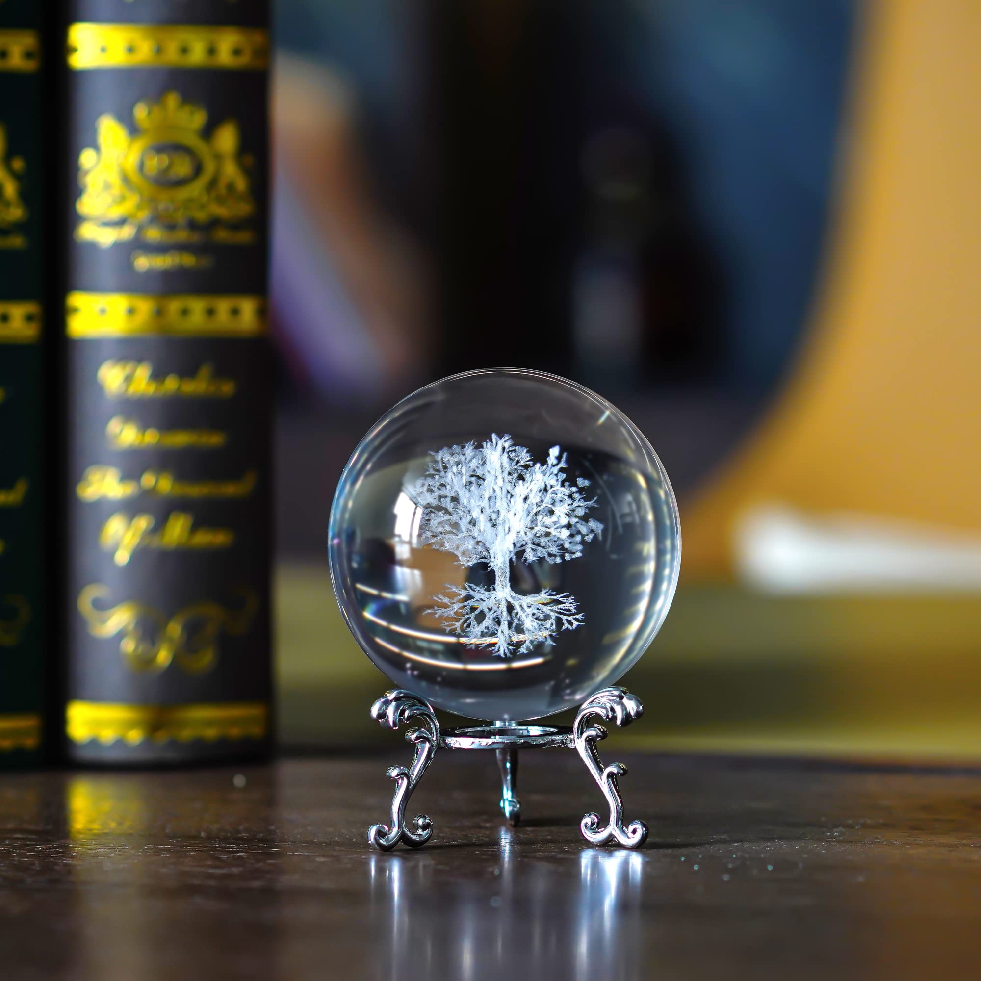 H&D HYALINE & DORA Sfera di cristallo dell'albero della vita da 70 mm con supporto, sfera decorativa in vetro K9, decorazione domestica 3D Laser Fengshui